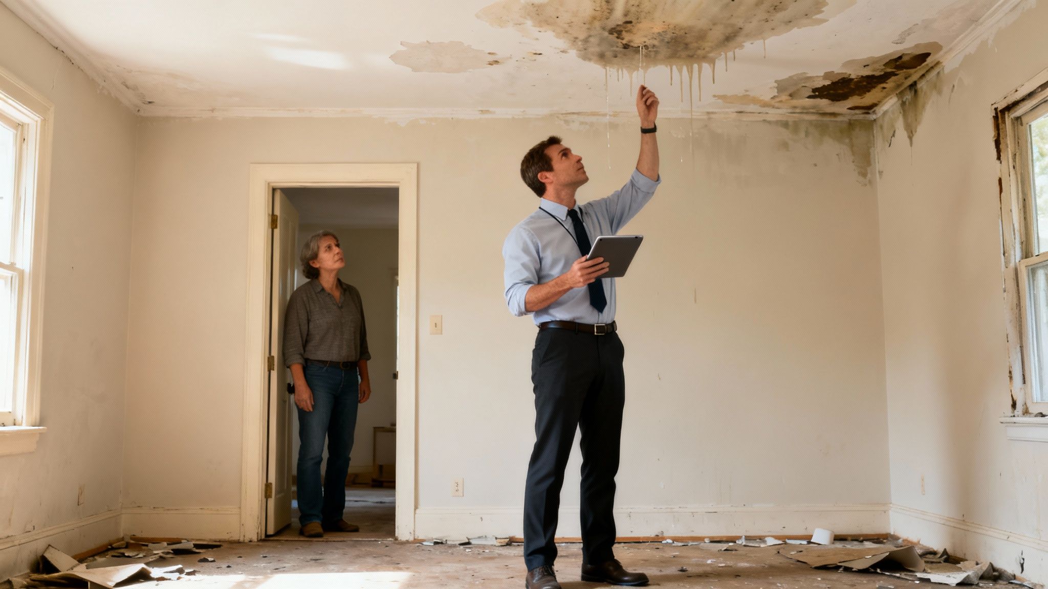 A public adjuster inspects severe water damage and mold on a ceiling while a homeowner looks on, fighting back against the insurance company.