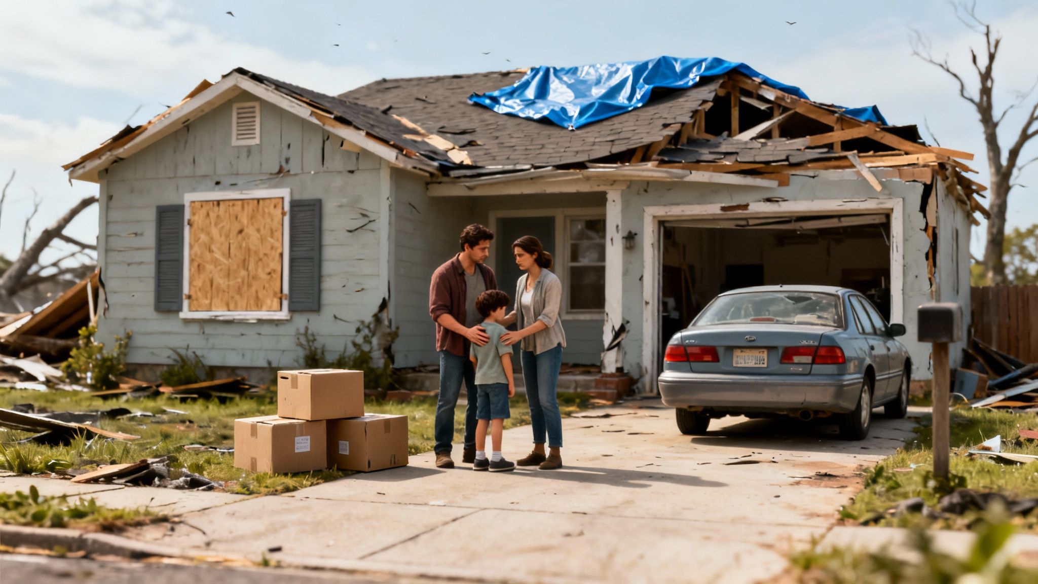 Family stands in front of their storm-damaged home, with a tarp, boarded window, and moving boxes.