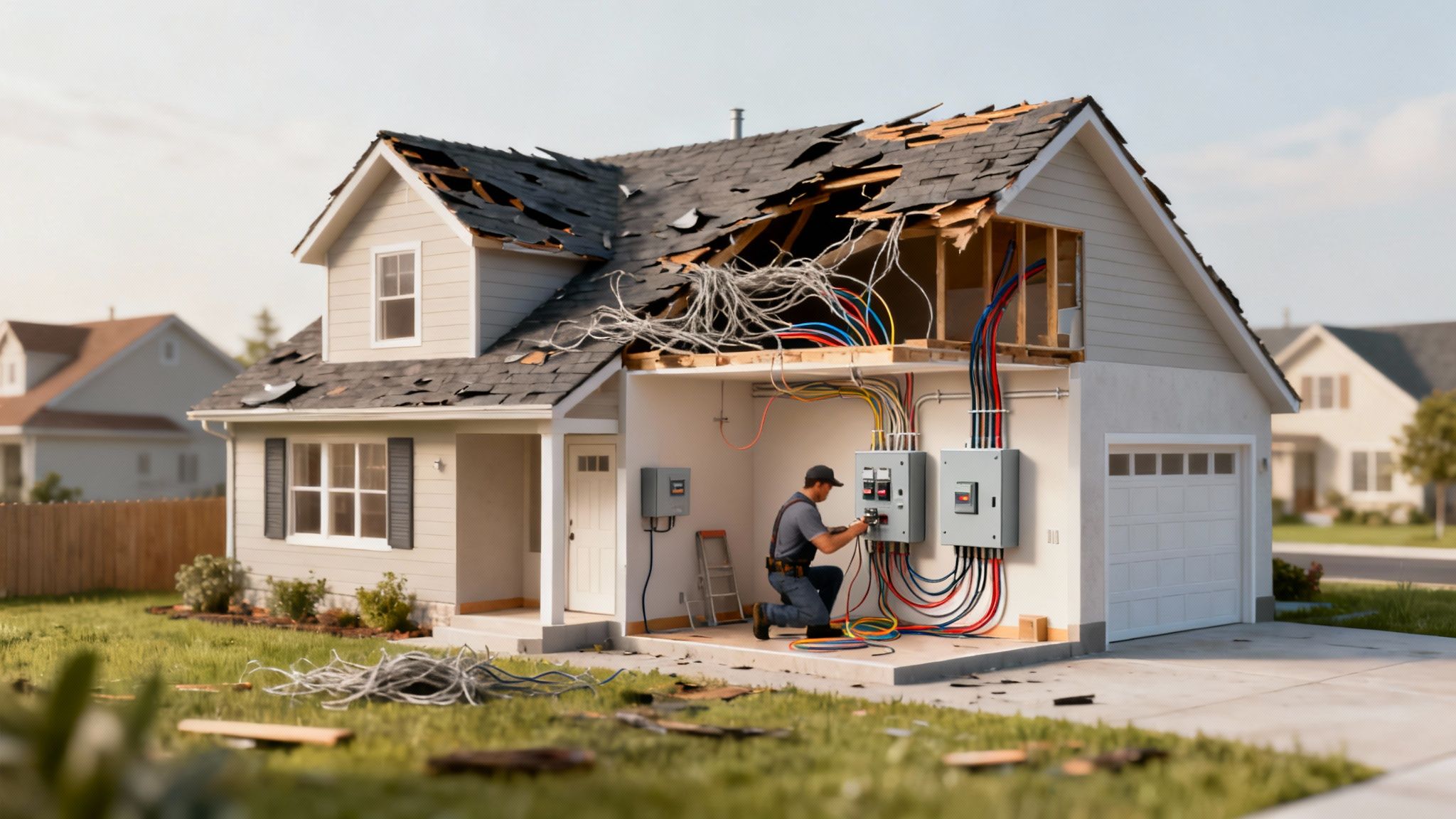 An electrician works on new electrical panels inside a house with a damaged roof and exposed wiring.