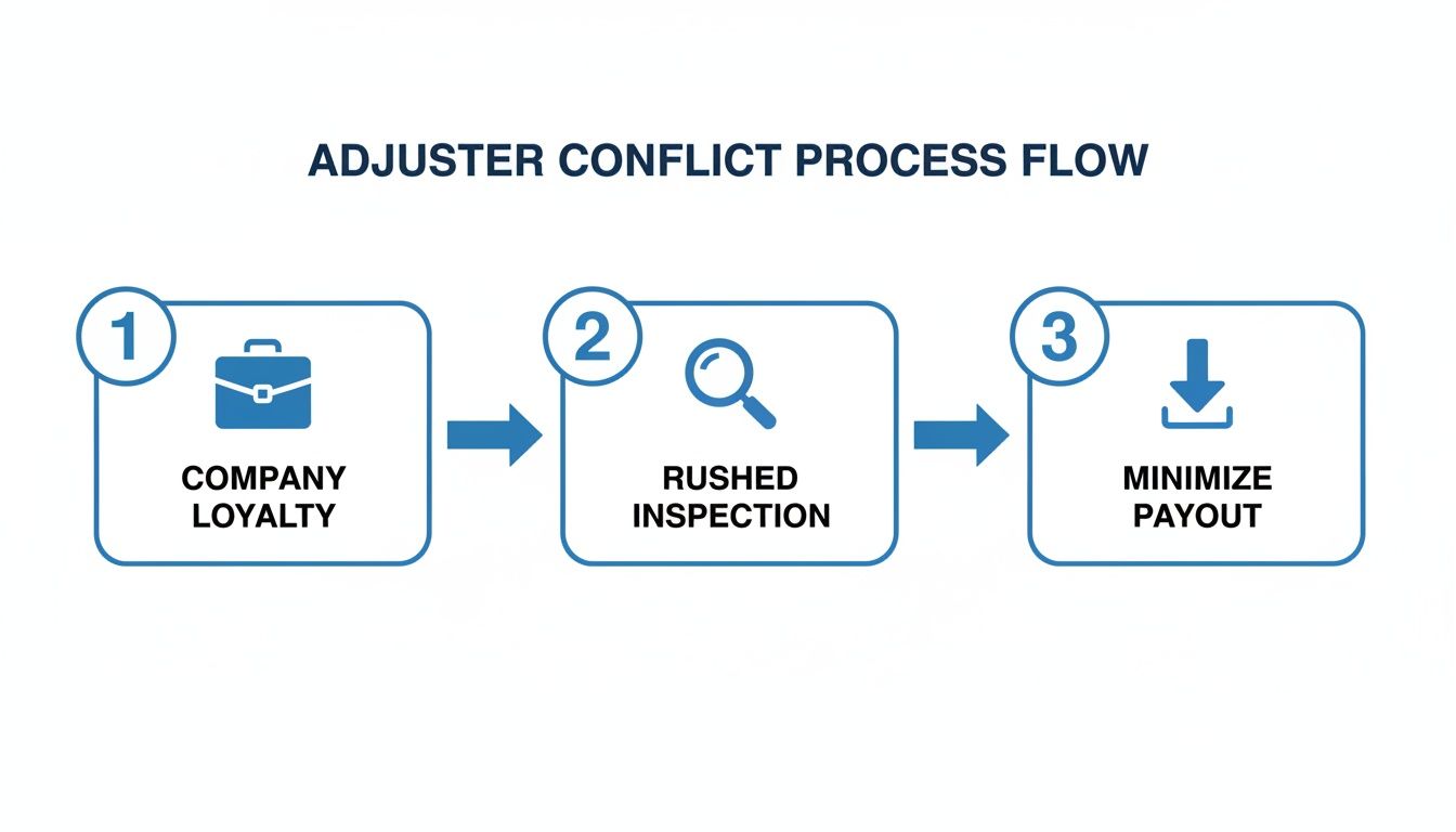 Flowchart showing an adjuster conflict process: Company Loyalty, Rushed Inspection, then Minimize Payout.