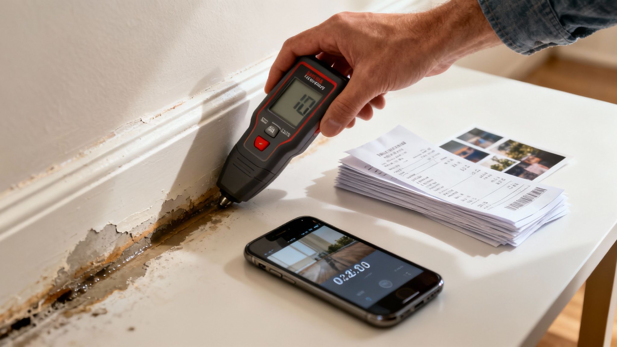 A person taking photos of water damage in their home to document for their claim, preparing to file an insurance claim for water damage.