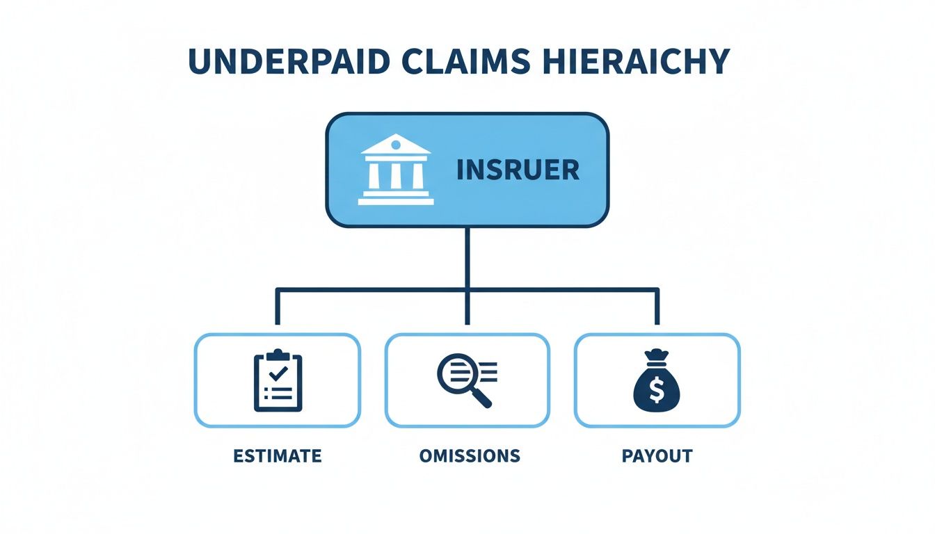 A hierarchy chart illustrating underpaid claims, with an insurer at the top, branching to estimate, omissions, and payout.