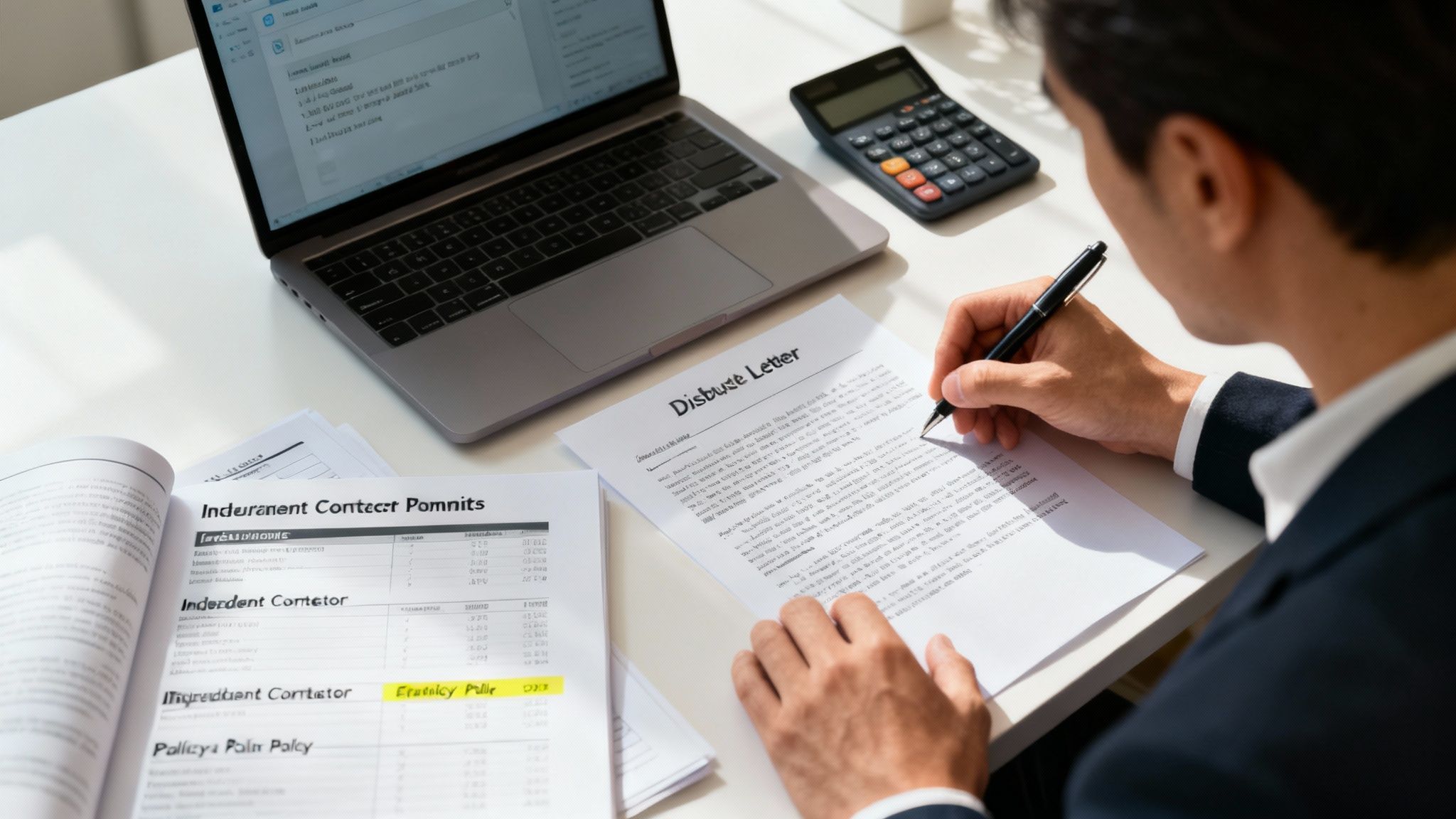 A public adjuster reviewing documents for a property damage claim.