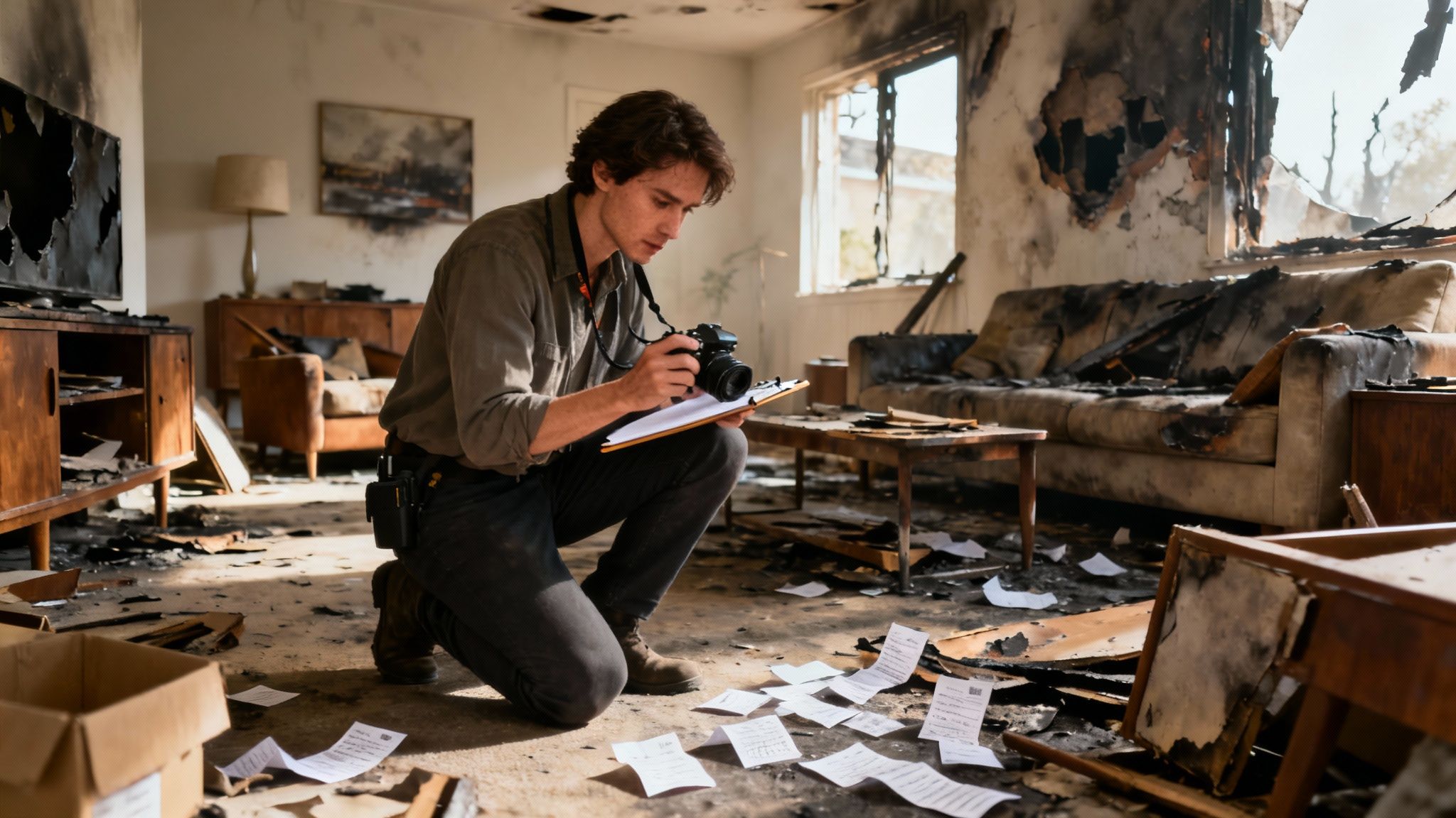 Woman taking pictures of fire-damaged items with her smartphone.