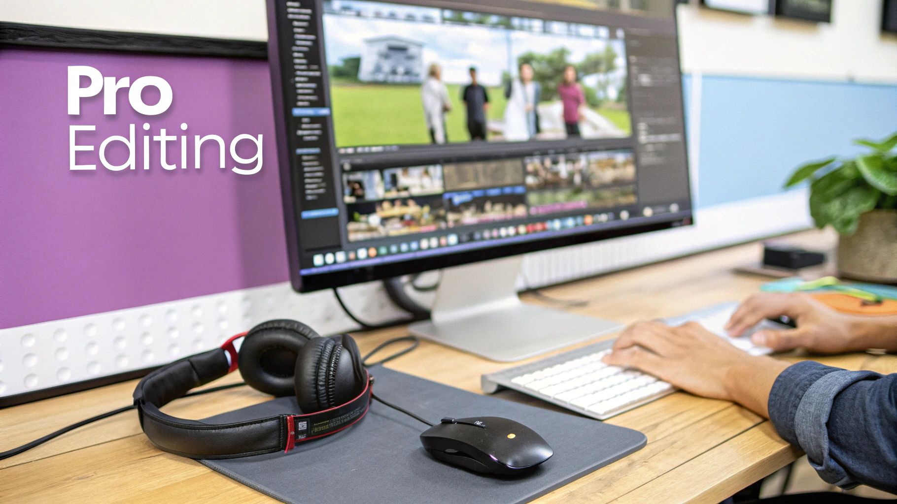 A person's hands using a keyboard and mouse for professional video editing on a computer monitor with headphones nearby.