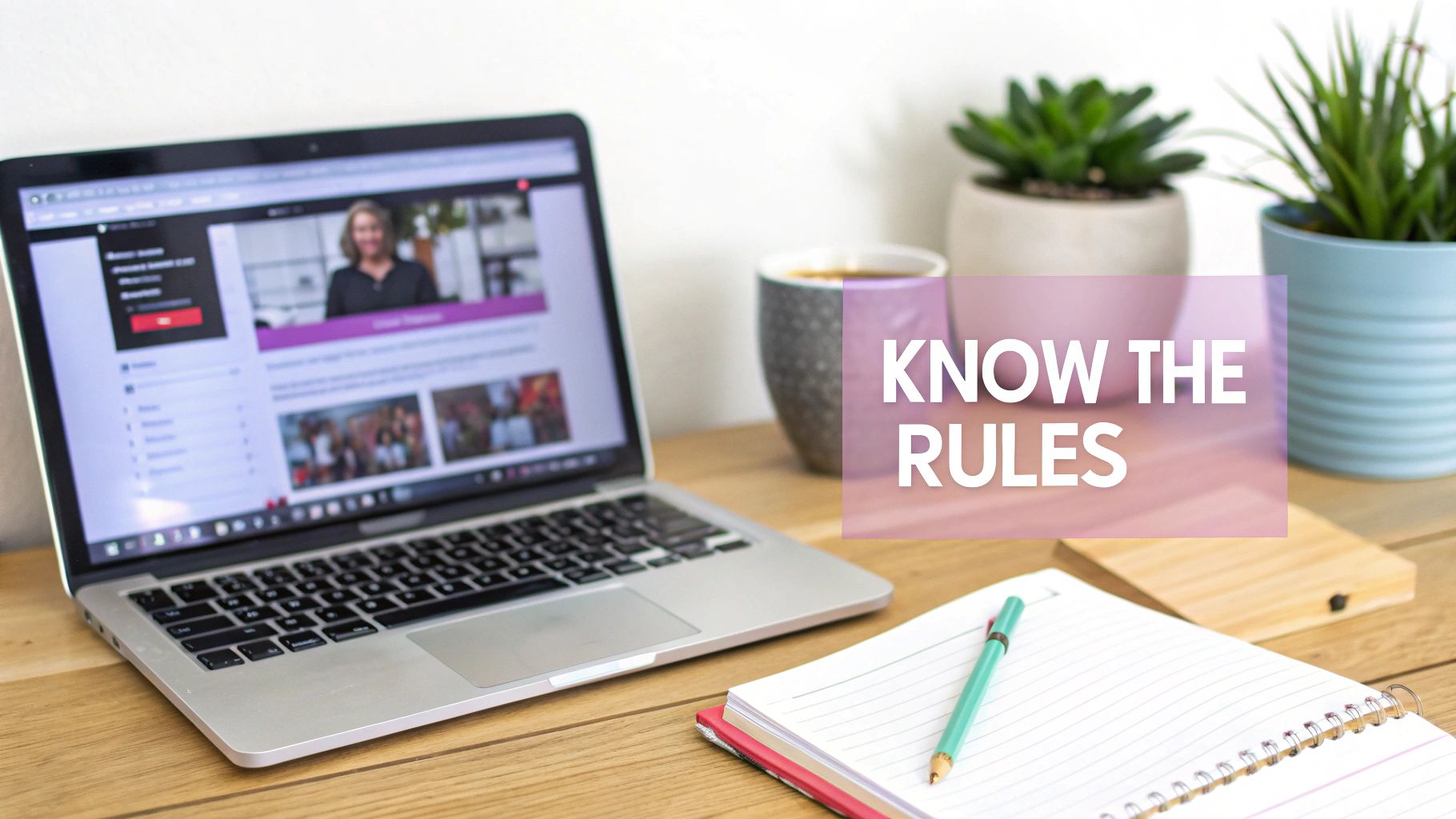 Laptop displaying video content on desk with notebook, pen, plants and know the rules text overlay