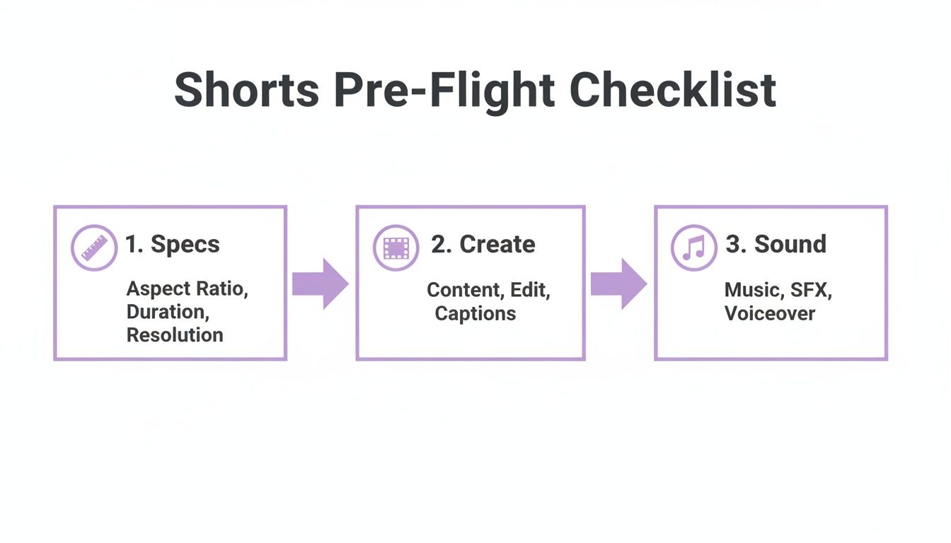 A Shorts Pre-Flight Checklist flow diagram showing three steps: Specs, Create, and Sound.