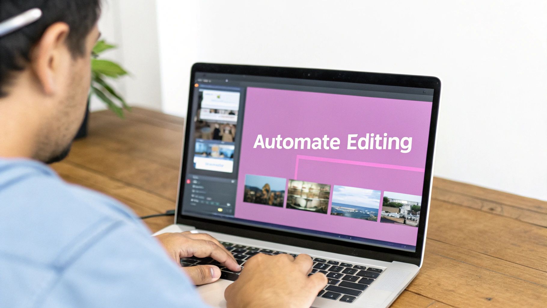 A person types on a laptop showing a purple screen with 'Automate Editing' and image thumbnails.