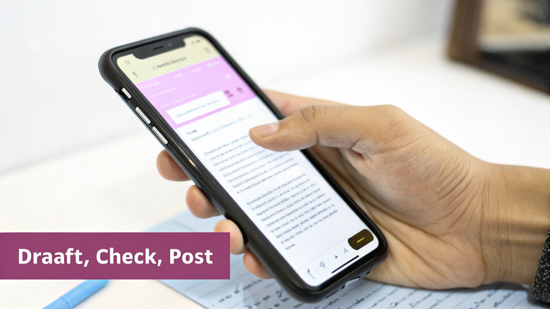 A person carefully typing a caption on their phone, looking focused to avoid mistakes, illustrating the process of writing a flawless TikTok caption.