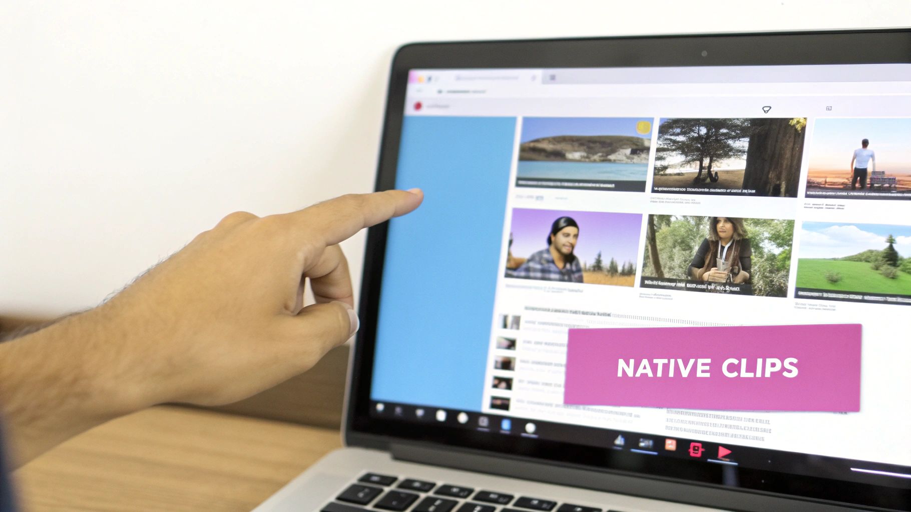 A hand points at a laptop screen displaying a video platform with the text "NATIVE CLIPS".