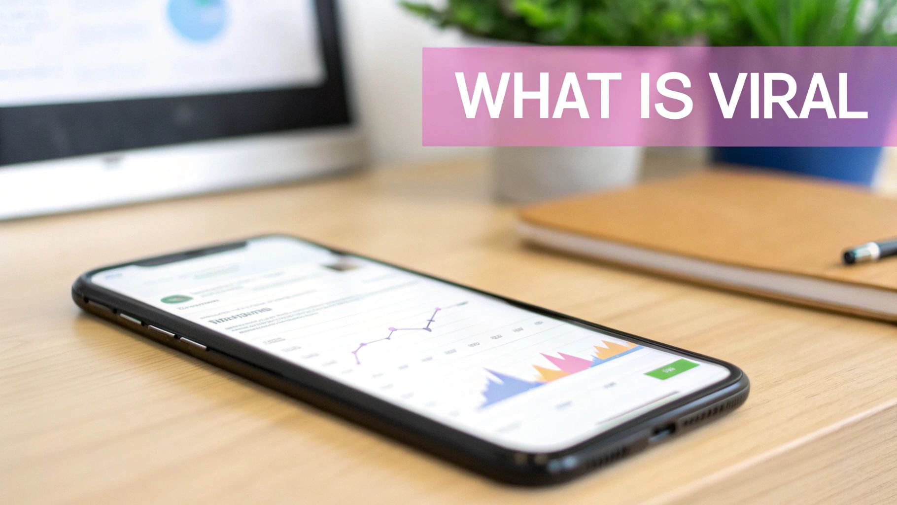 Smartphone displaying viral analytics graphs on desk with computer monitor and notebook workspace
