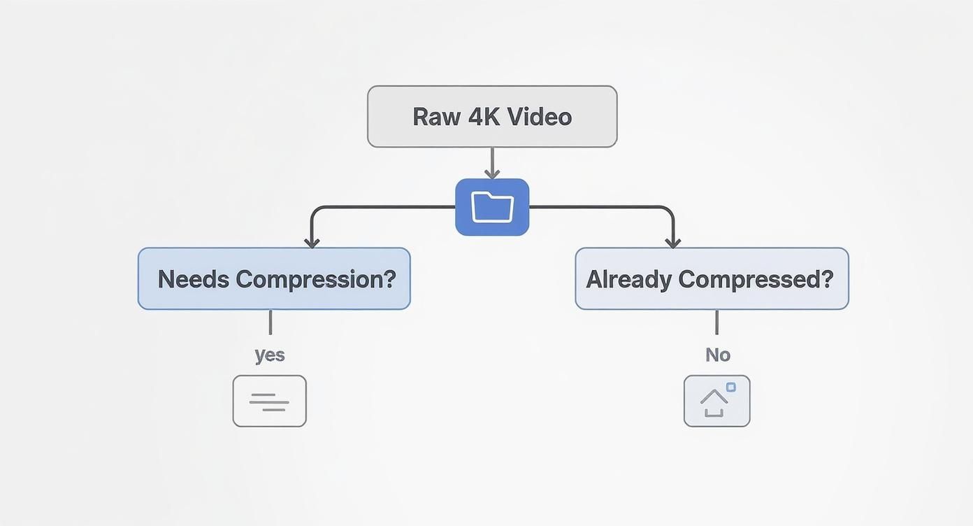 Flowchart showing raw 4K video compression workflow with decision paths for compressed and uncompressed files