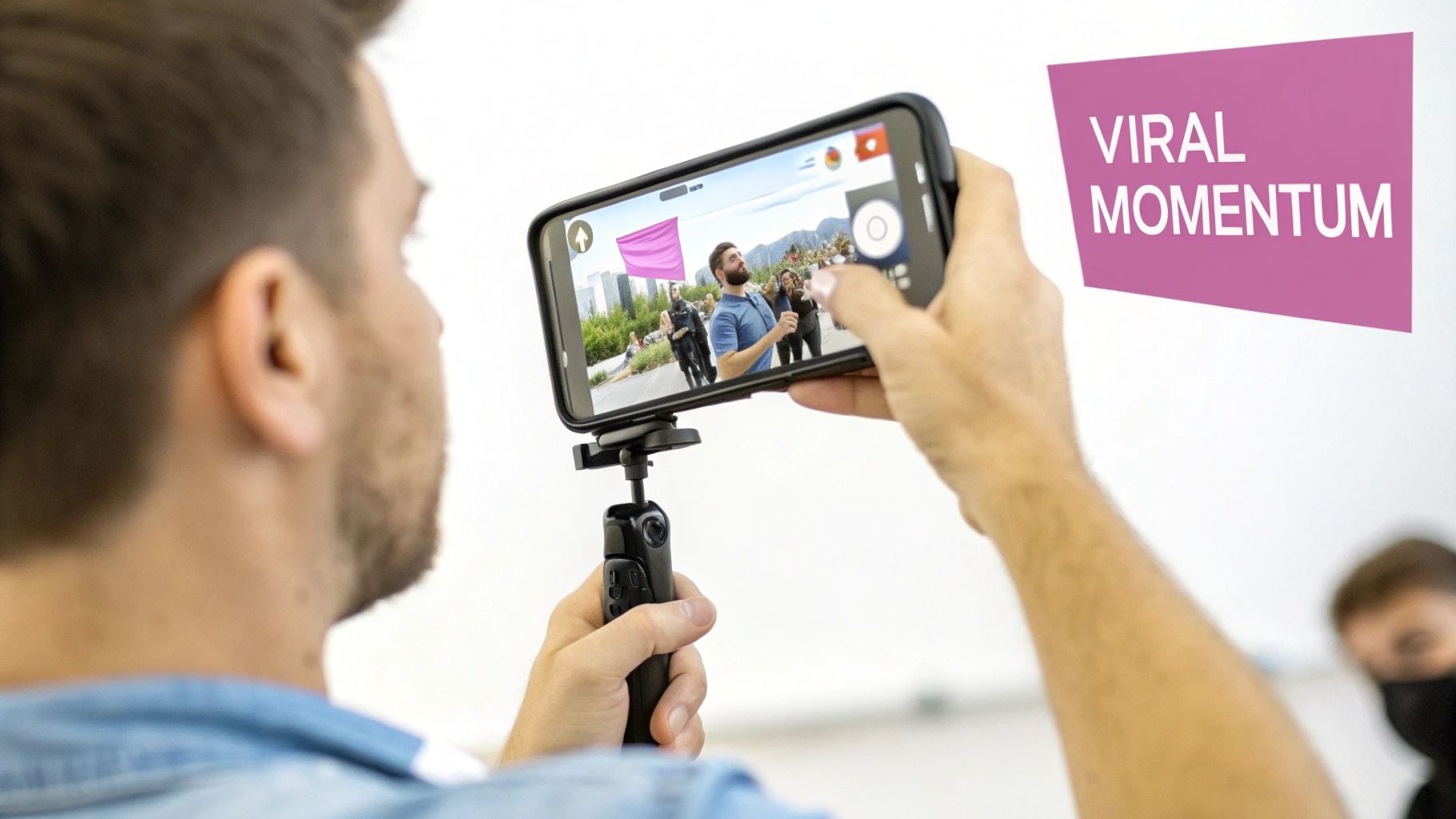 A person holds a smartphone on a tripod, recording an outdoor event with a 'Viral Momentum' sign.