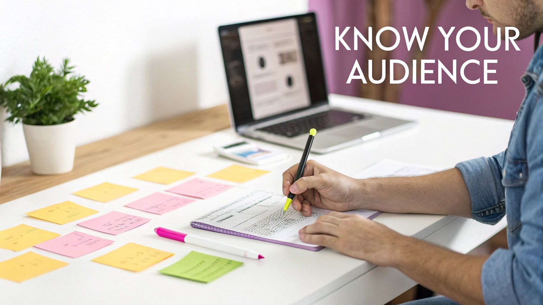 A person at a desk analyzing charts and data on a computer screen, representing audience research and competitor analysis.