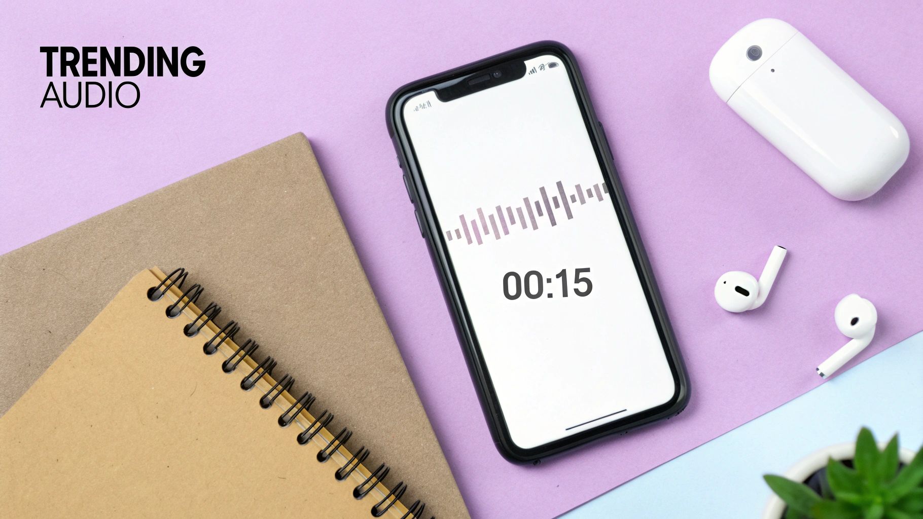 Flat lay of a smartphone showing a trending a audio waveform with 0:15, earbuds, and notebooks on a colorful background.