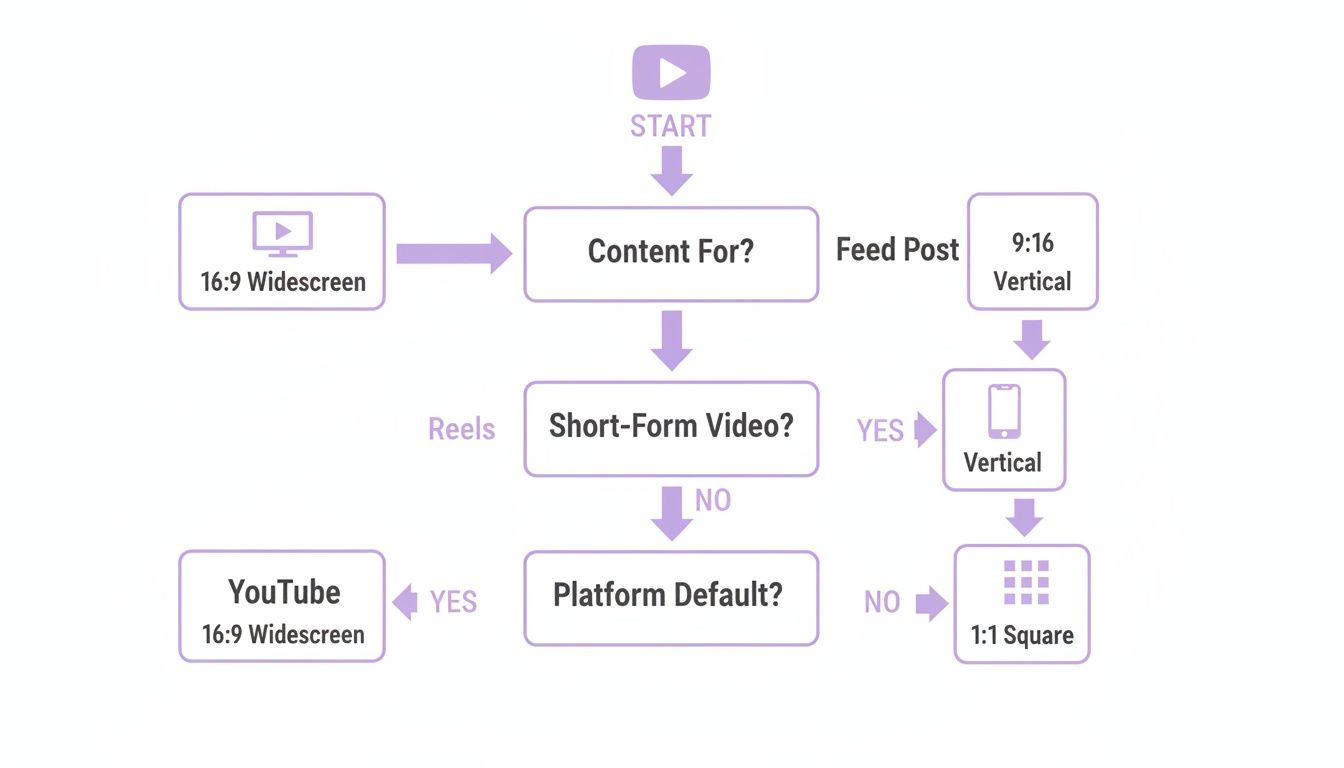 Flowchart guiding video aspect ratio selection for platforms like YouTube, Reels, and Feed Posts.