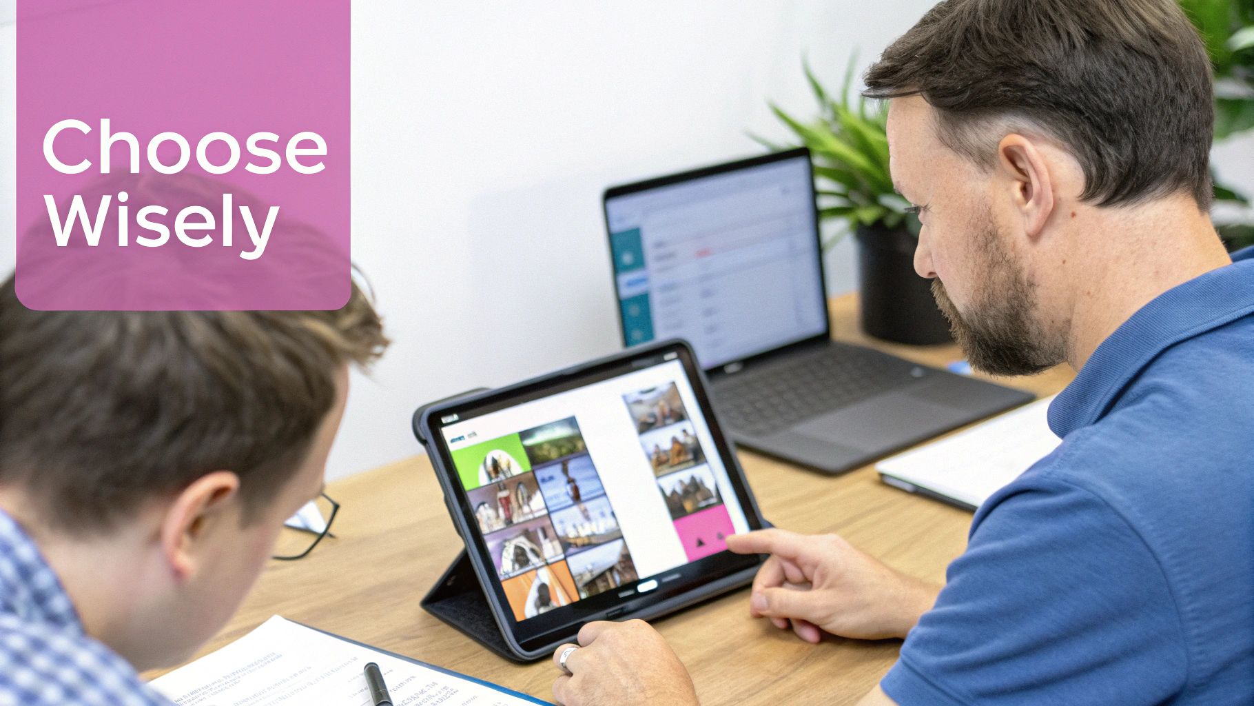 Two men collaborating, reviewing multiple images on a tablet, with a laptop nearby.