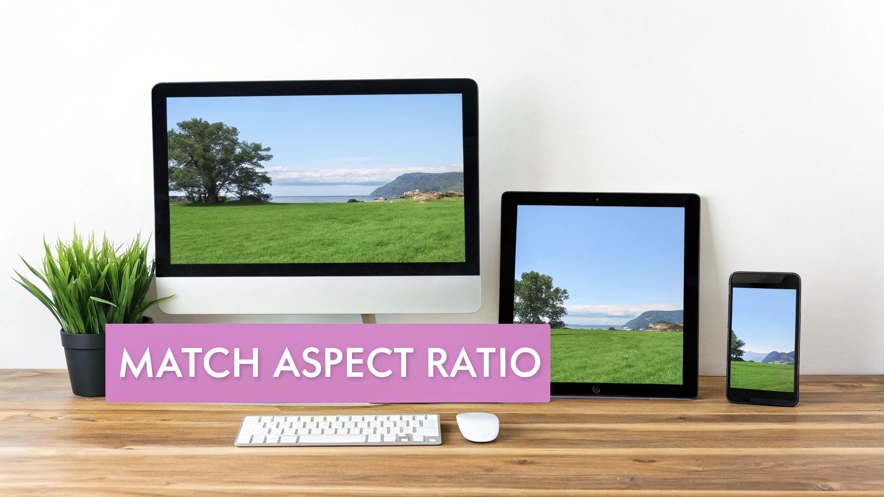 A desktop setup featuring a monitor, tablet, and smartphone displaying a landscape, with a 'MATCH ASPECT RATIO' sign.