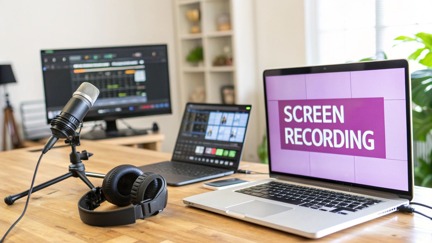 A content creation desk setup with multiple laptops, a microphone, and headphones, ready for screen recording.