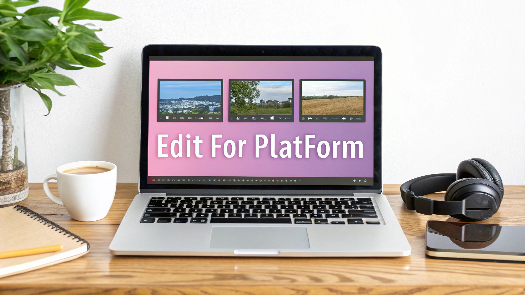 A laptop on a wooden desk displays a video editing screen with three thumbnails and text 'Edit For PlatForm'.