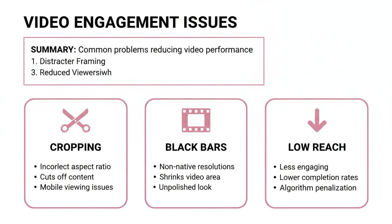 An infographic illustrating common video engagement issues, including cropping, black bars, and low reach with their causes.