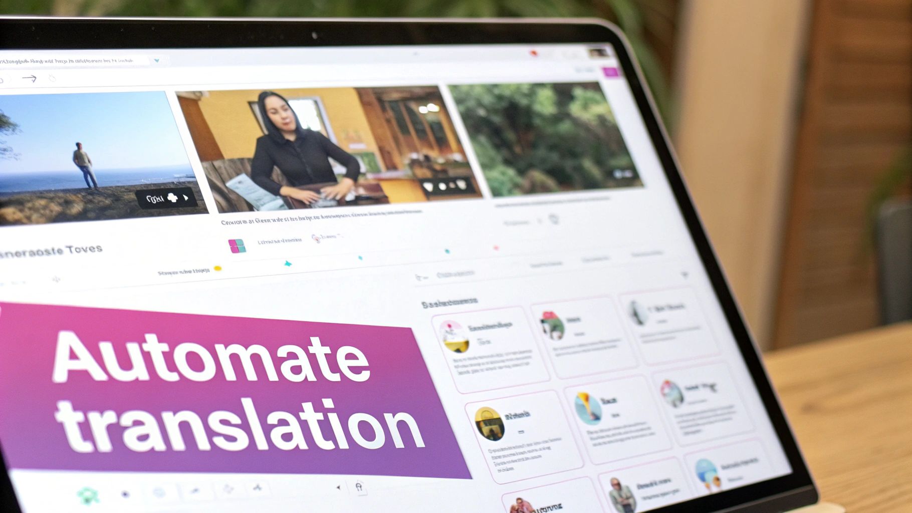 Laptop screen displaying a web interface with 'Automate translation' text, content cards, and images.
