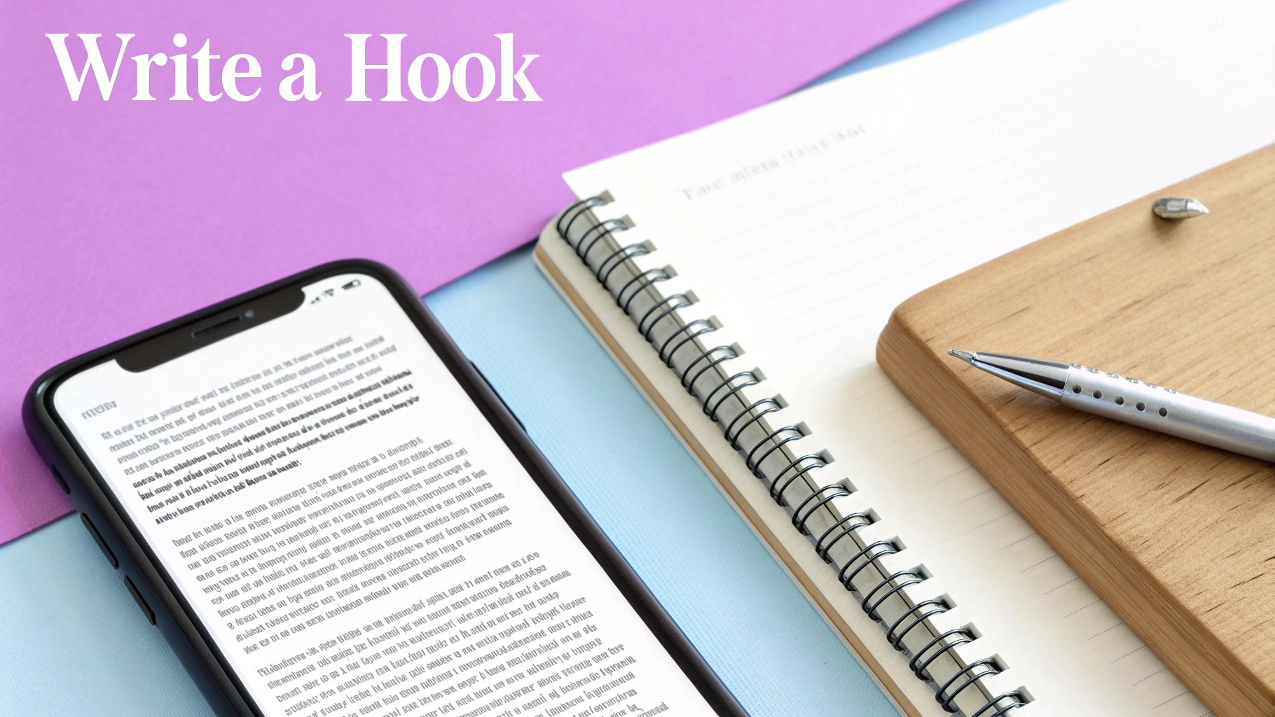 A smartphone, notebook, pen, and wooden block on a purple and blue background with 'Write a Hook' text.