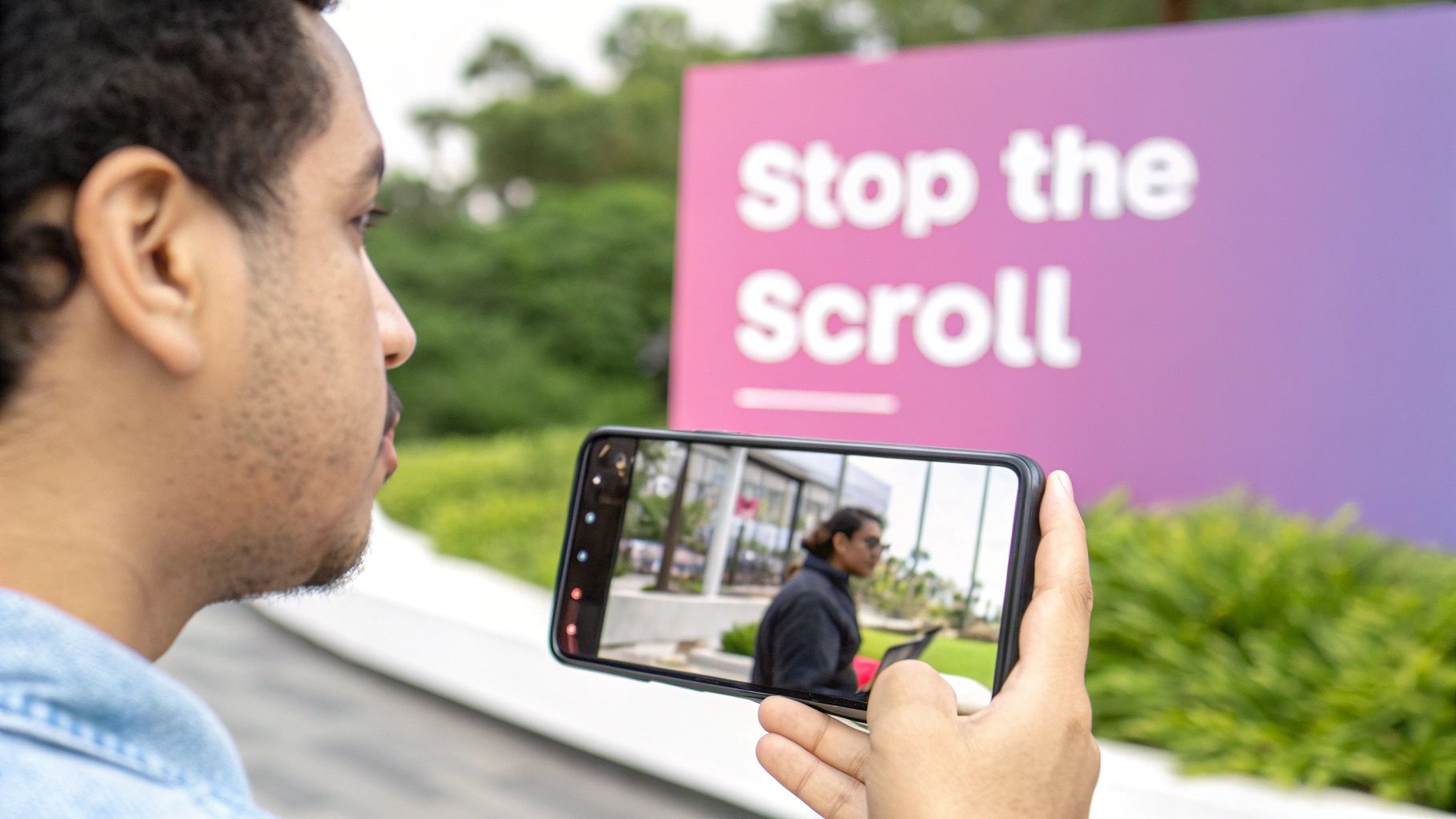 A man holds a smartphone, reflecting another person and a 'Stop the Scroll' sign.