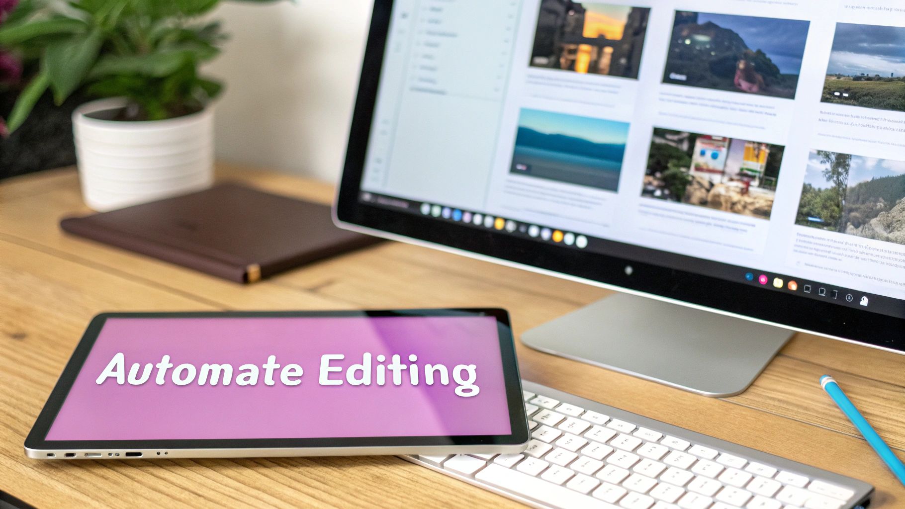 A tablet with 'Automate Editing' text lies on a desk next to a monitor displaying image previews and a keyboard.