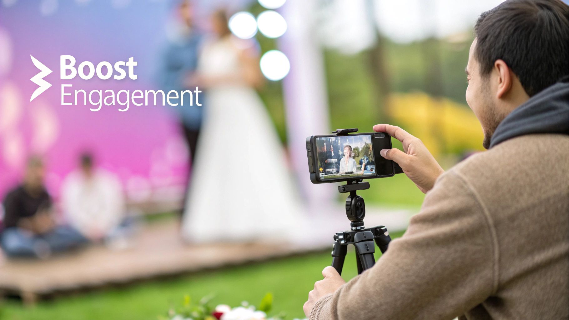 A person films an event, likely a wedding, using a smartphone on a tripod, displaying a live feed of a woman.