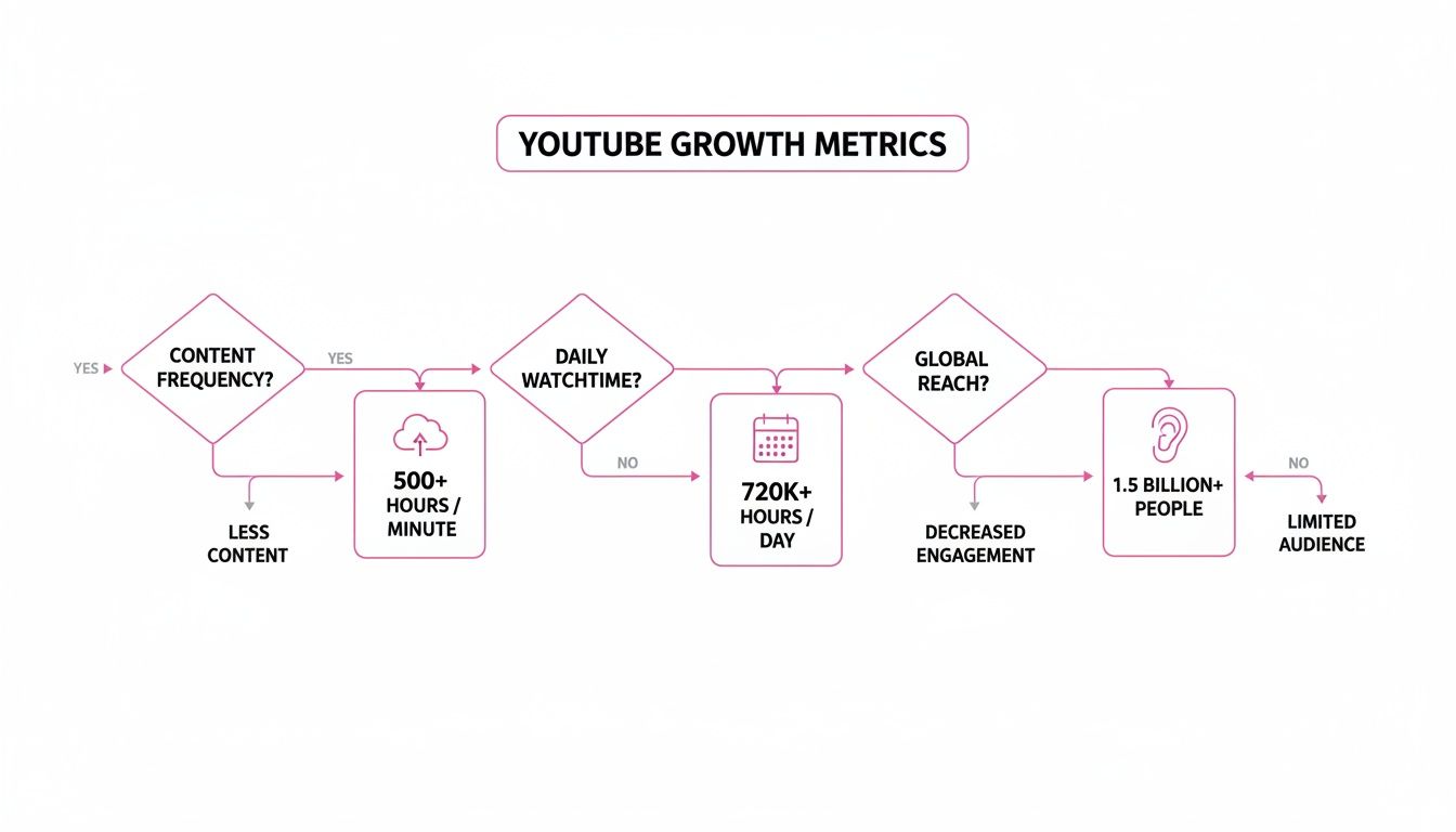 Flowchart illustrating YouTube growth metrics, covering content frequency, daily watchtime, and global reach.