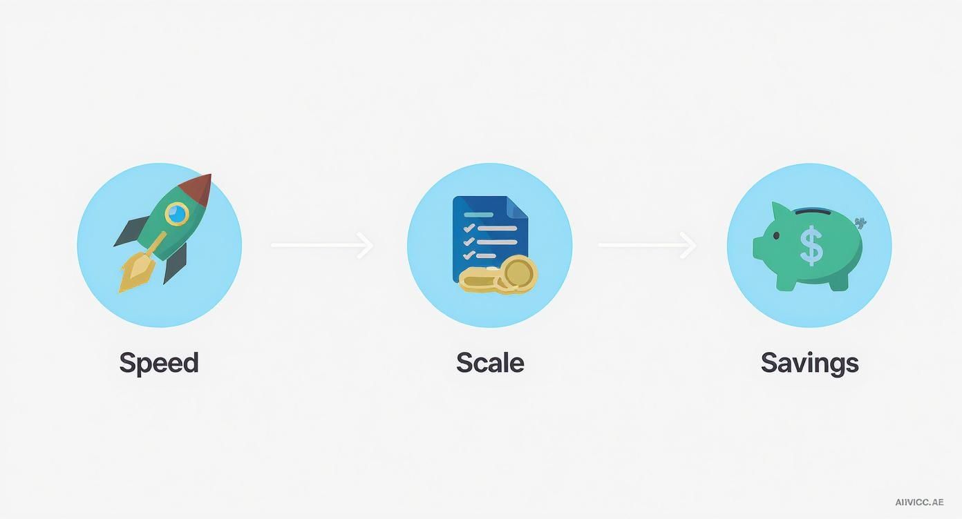 A visual representation showing a three-step process: speed (rocket), scale (document and coins), leading to savings (piggy bank).