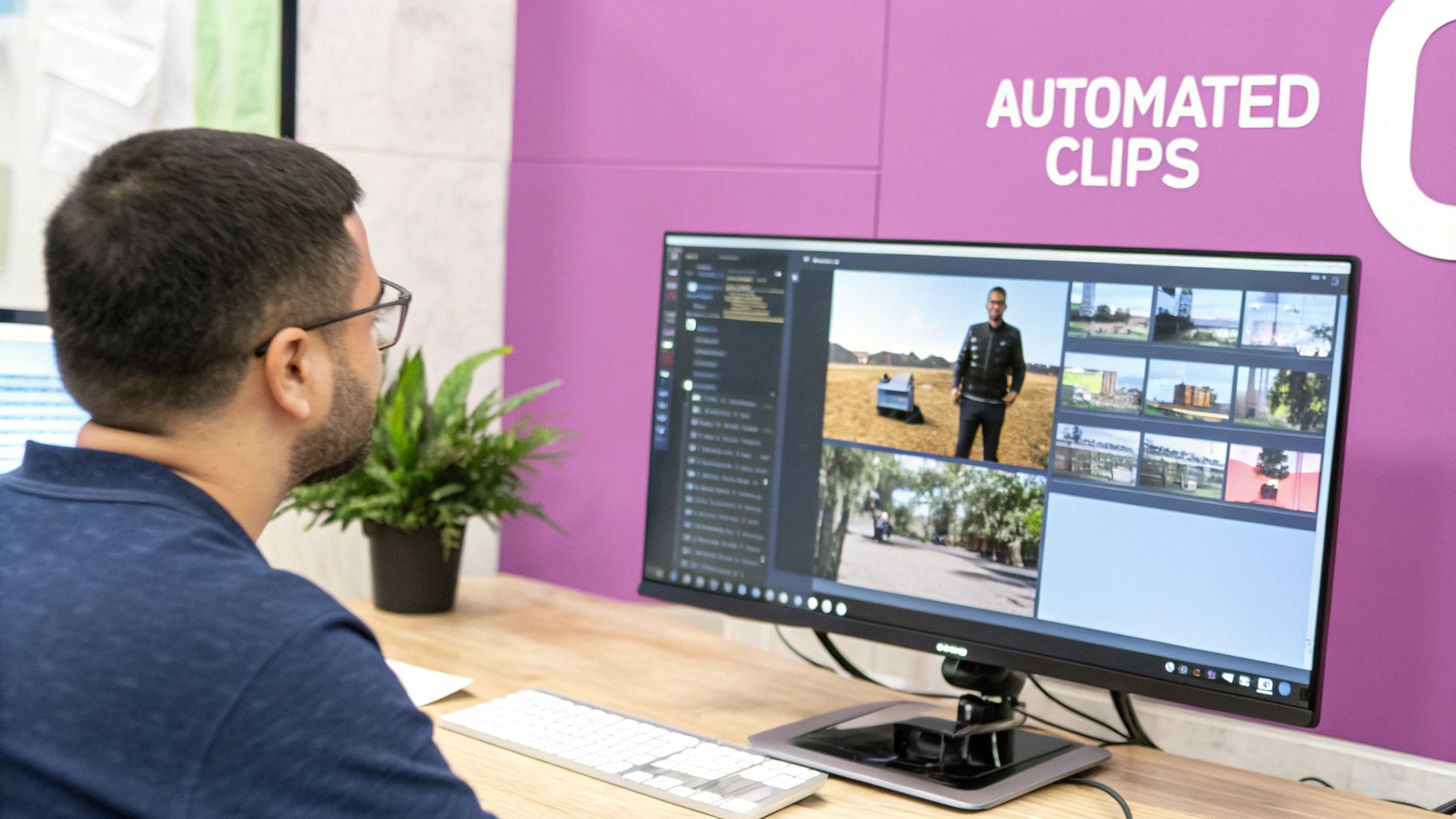 Man viewing "Automated Clips" software on a monitor, displaying various video segments for editing.