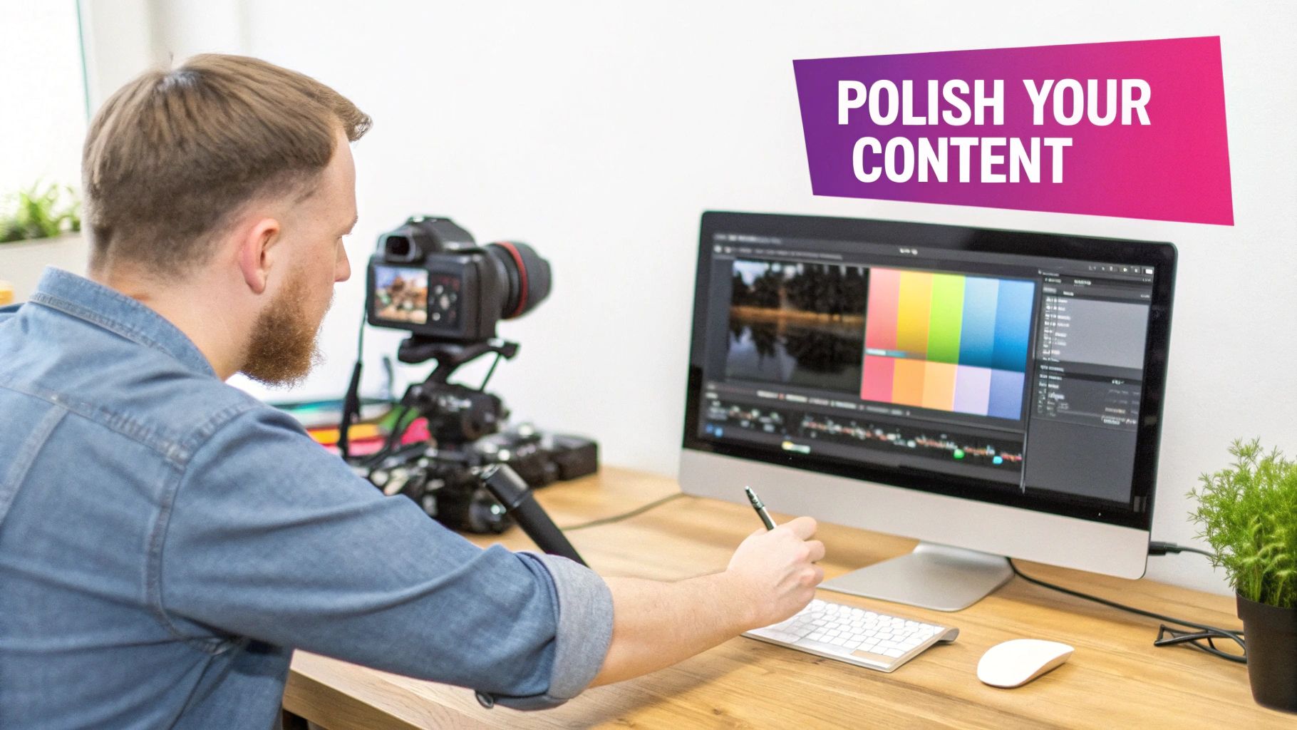 A person adding final touches to a computer, with branded elements like logos and color palettes visible.