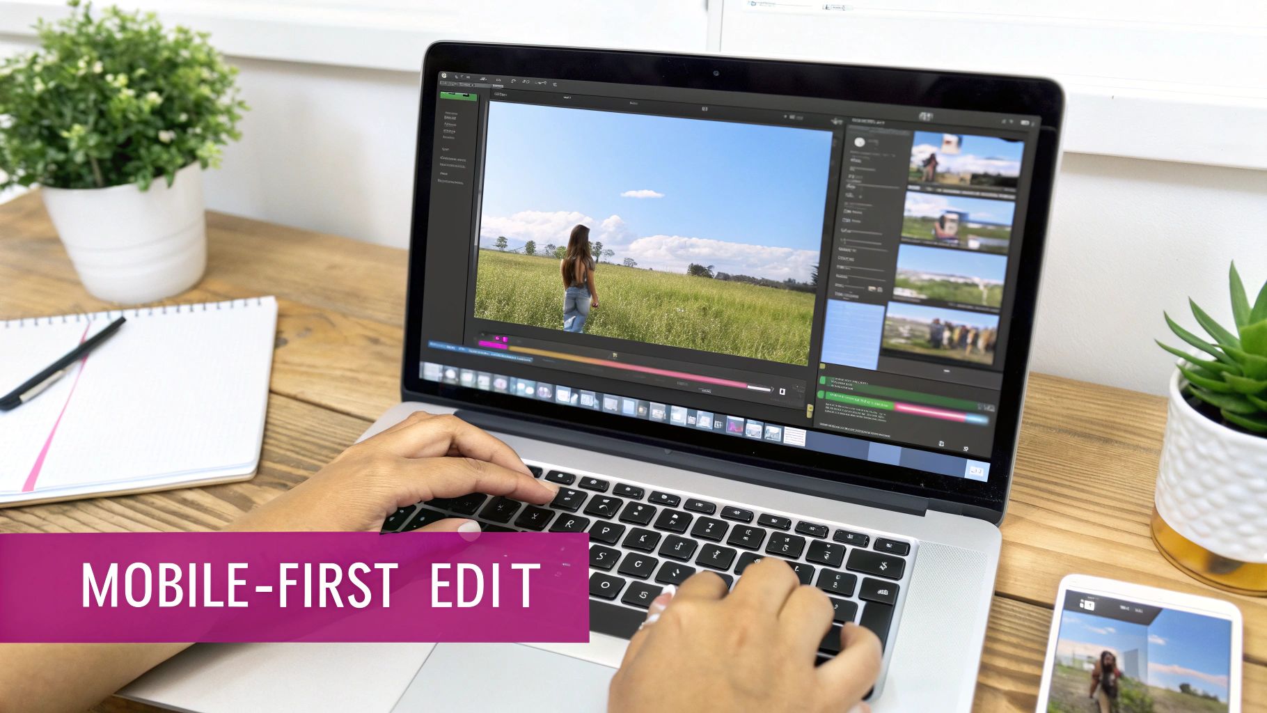 Hands edit a mobile-first video on a laptop, showing a woman in a field, with a smartphone.