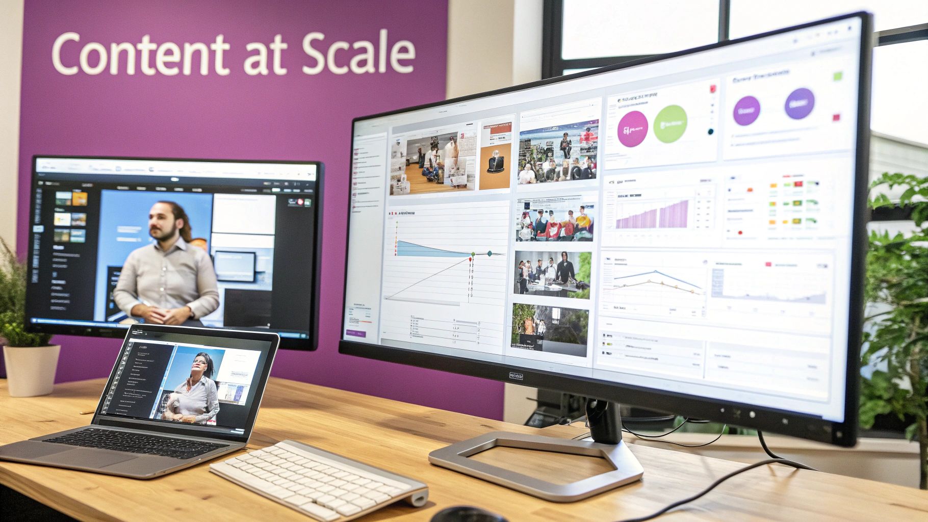 A modern office workspace with multiple screens displaying content, data dashboards, and a person presenting.