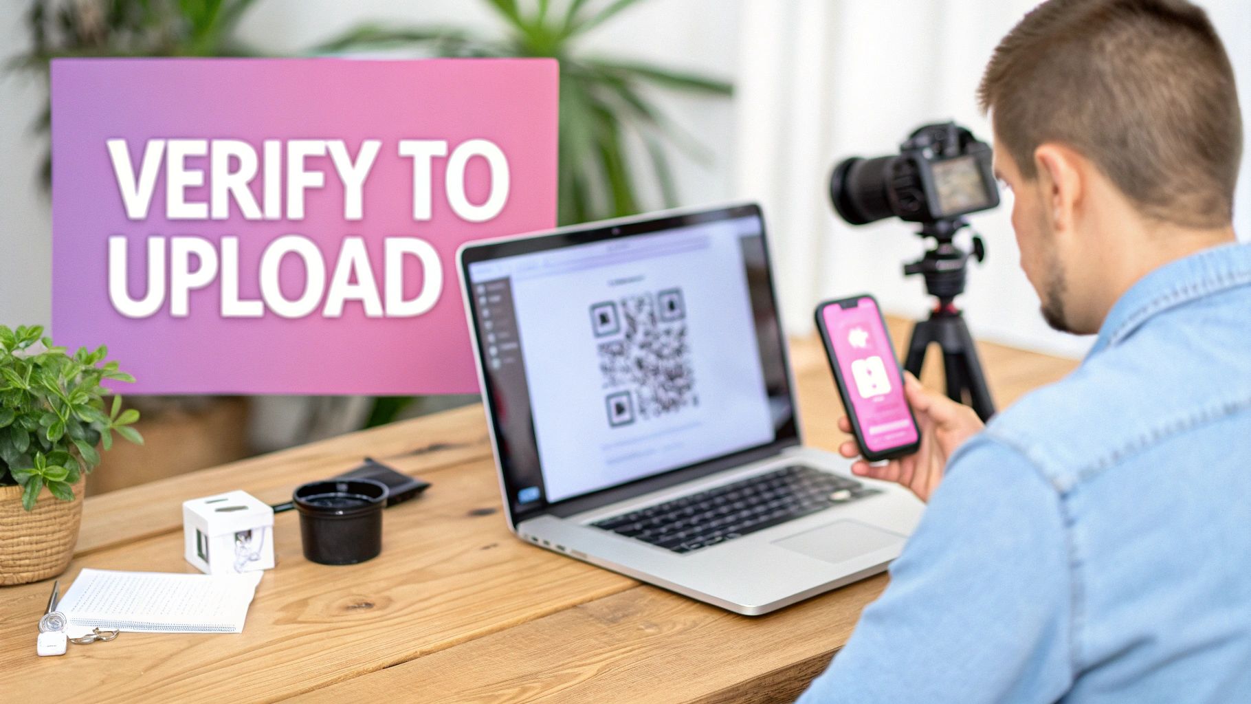 Man using smartphone to verify and upload QR code content on laptop for video sharing