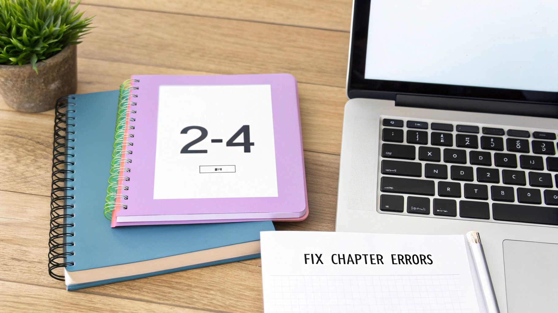 A desk setup with a laptop, green plant, and notebooks. One notebook displays '2-4' and a paper says 'FIX CHAPTER ERRORS'.