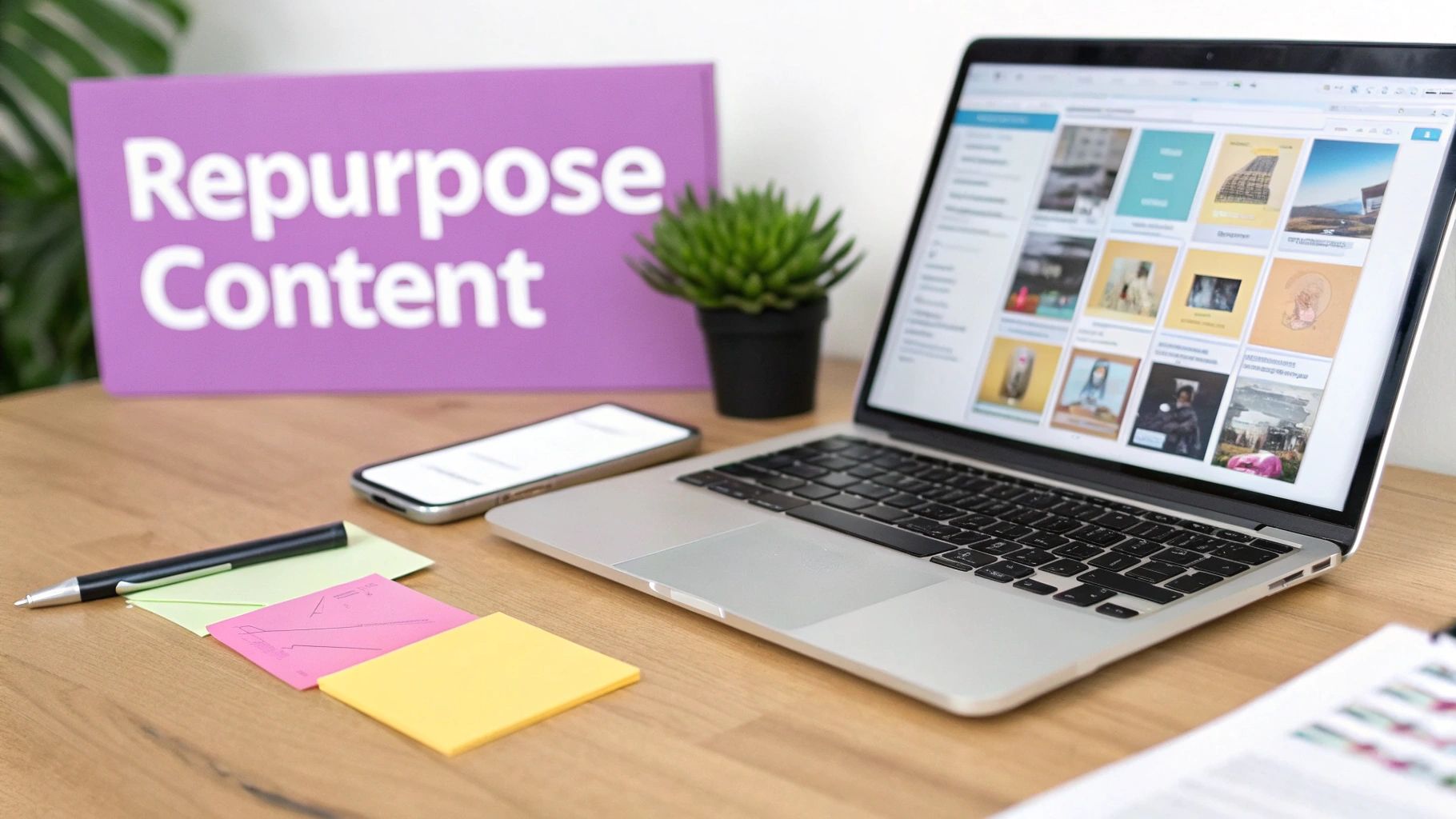 A desk with a laptop displaying various content, a smartphone, sticky notes, and a 'Repurpose Content' sign.