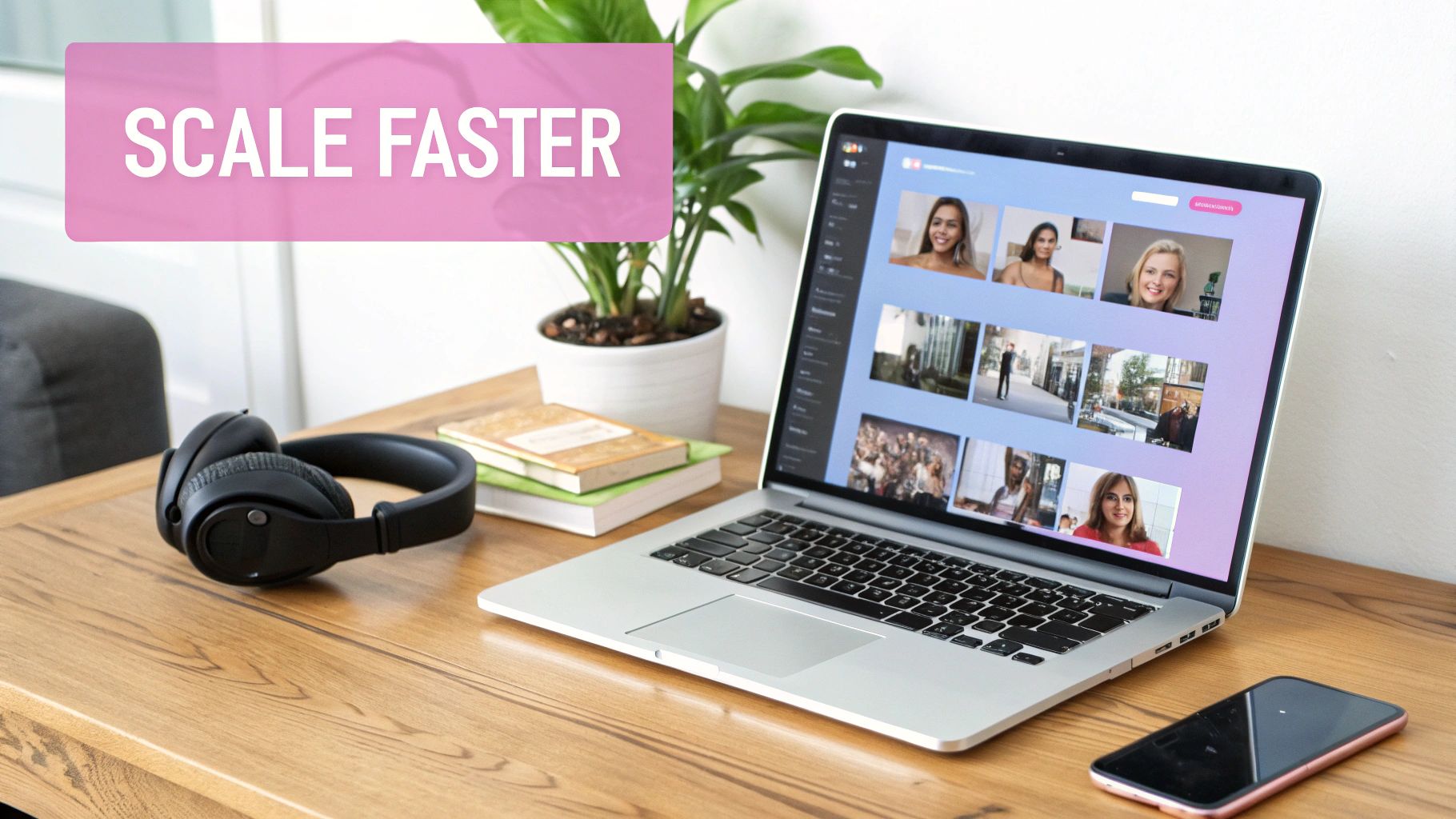 A modern workspace with a laptop displaying videos, headphones, books, and a smartphone, featuring 'SCALE FASTER' text.