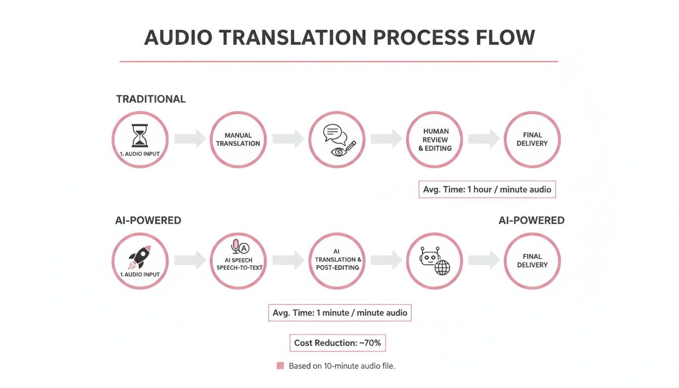 Flowchart comparing traditional and AI-powered audio translation processes, highlighting time and cost efficiency improvements.