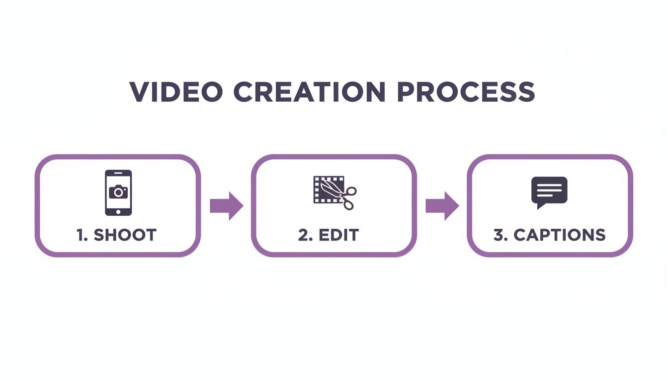 Infographic illustrating the three-step video creation process: shoot, edit, and captions, with respective icons.