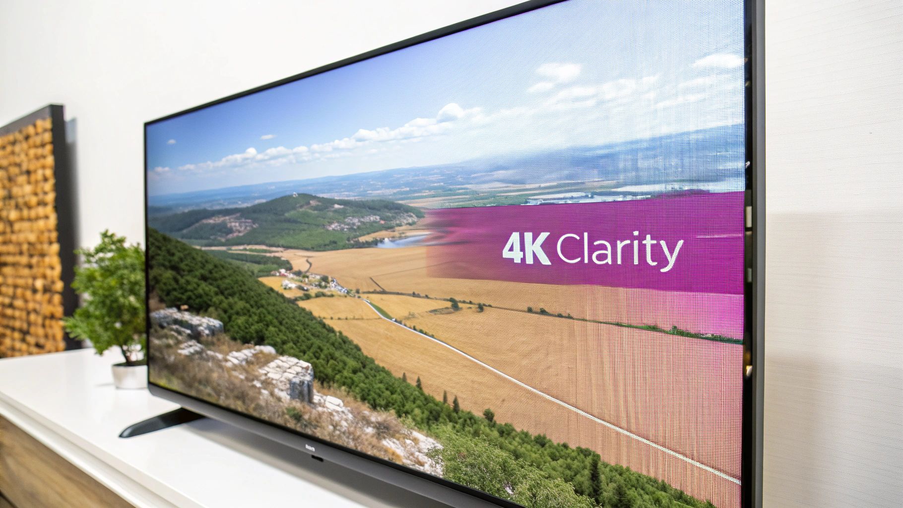 A close-up of a 4K television displaying a vibrant landscape with '4K Clarity' text.
