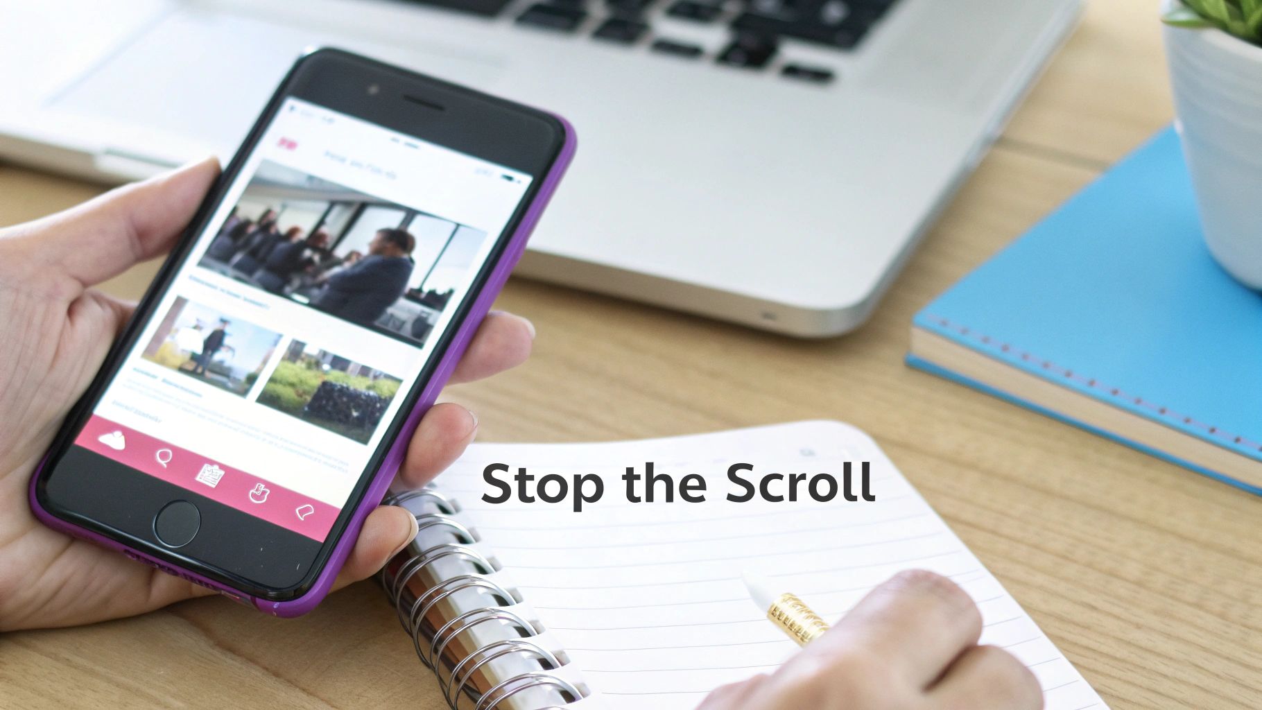 A person's hand holds a smartphone showing a social media feed next to a notebook with 'Stop the Scroll' written.