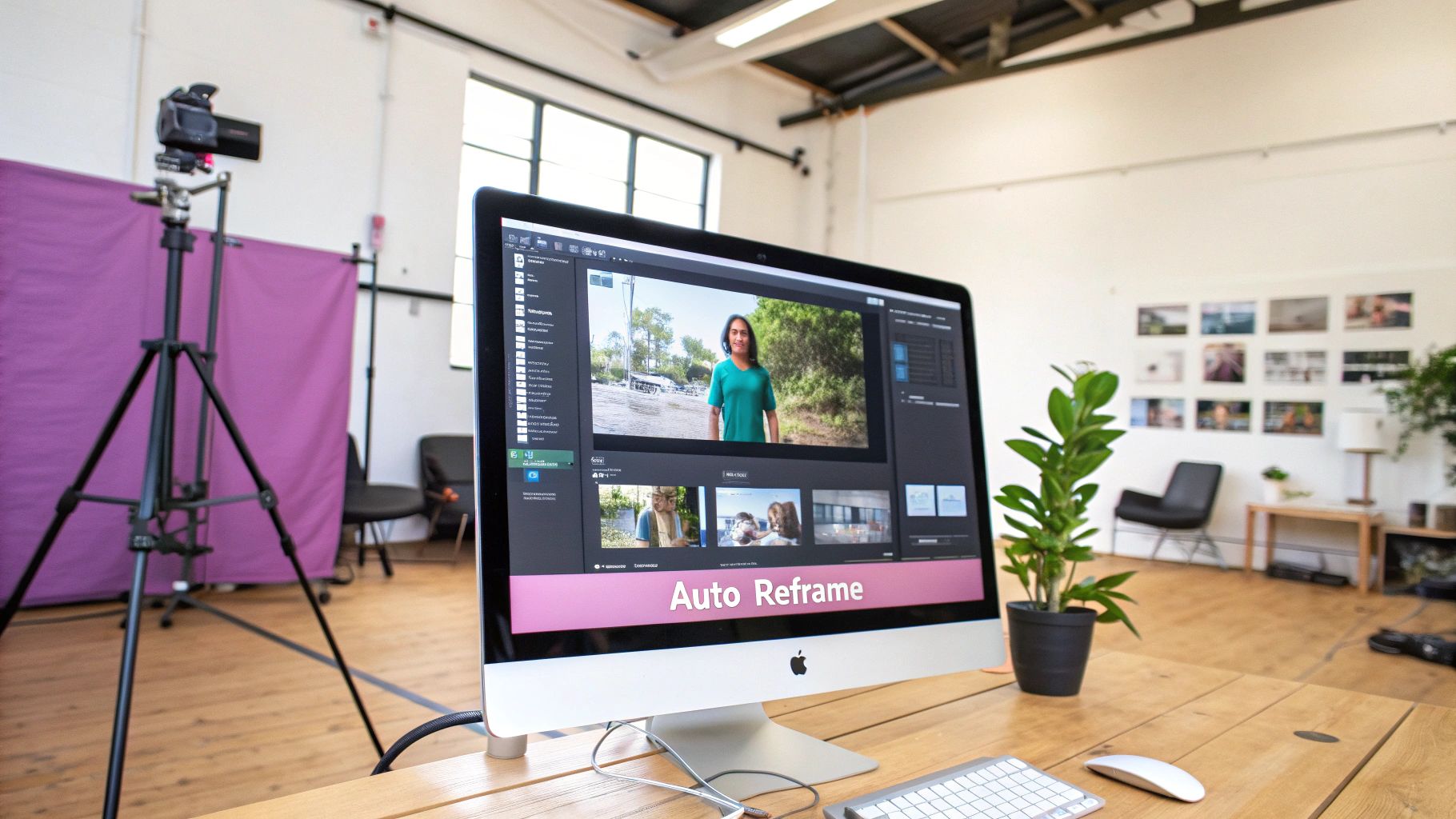 A modern computer screen displays video editing software with 'Auto Reframe' text in a studio setup.
