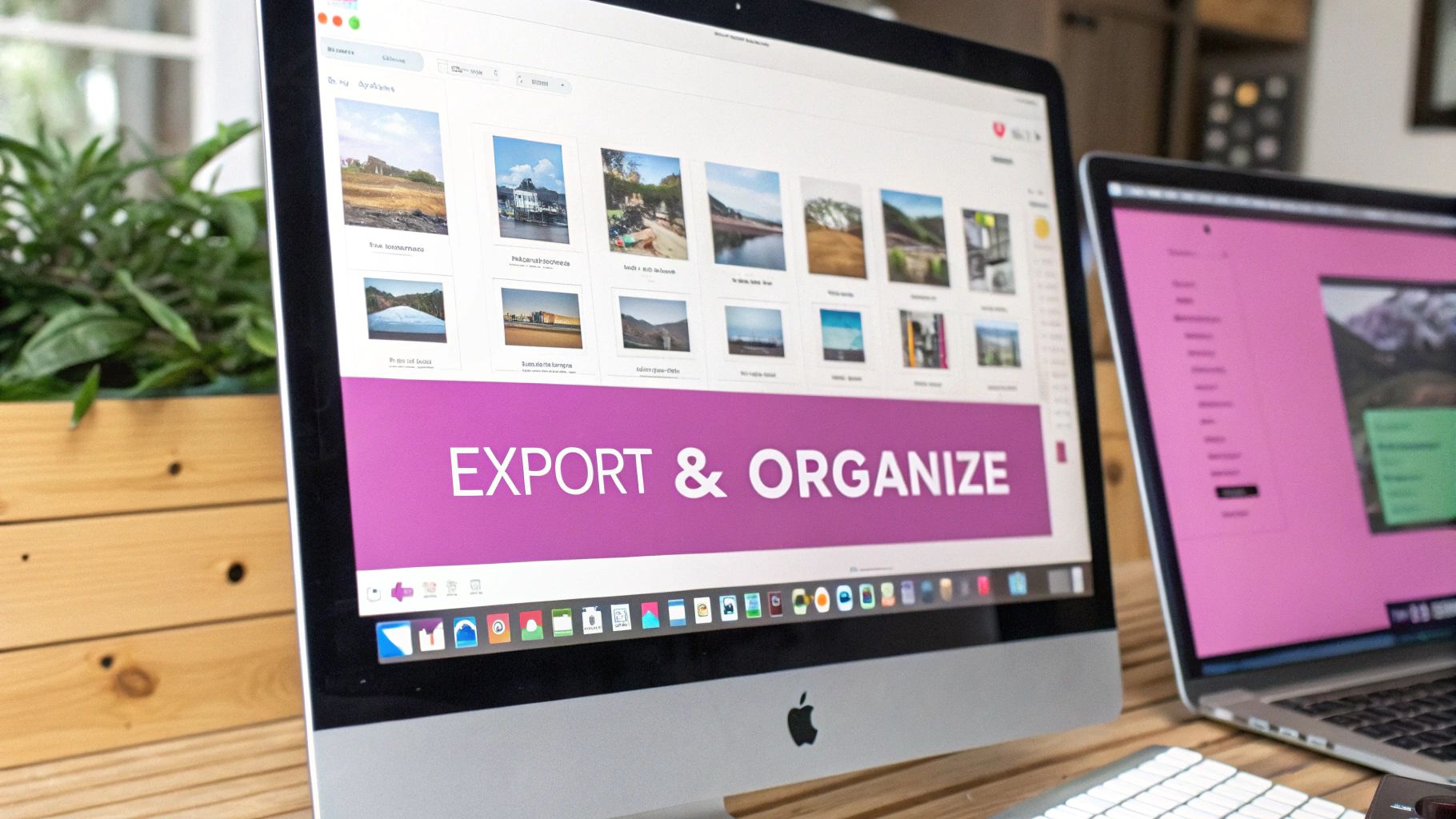 An iMac displays a photo organizing app with 'EXPORT & ORGANIZE' text, next to a MacBook.