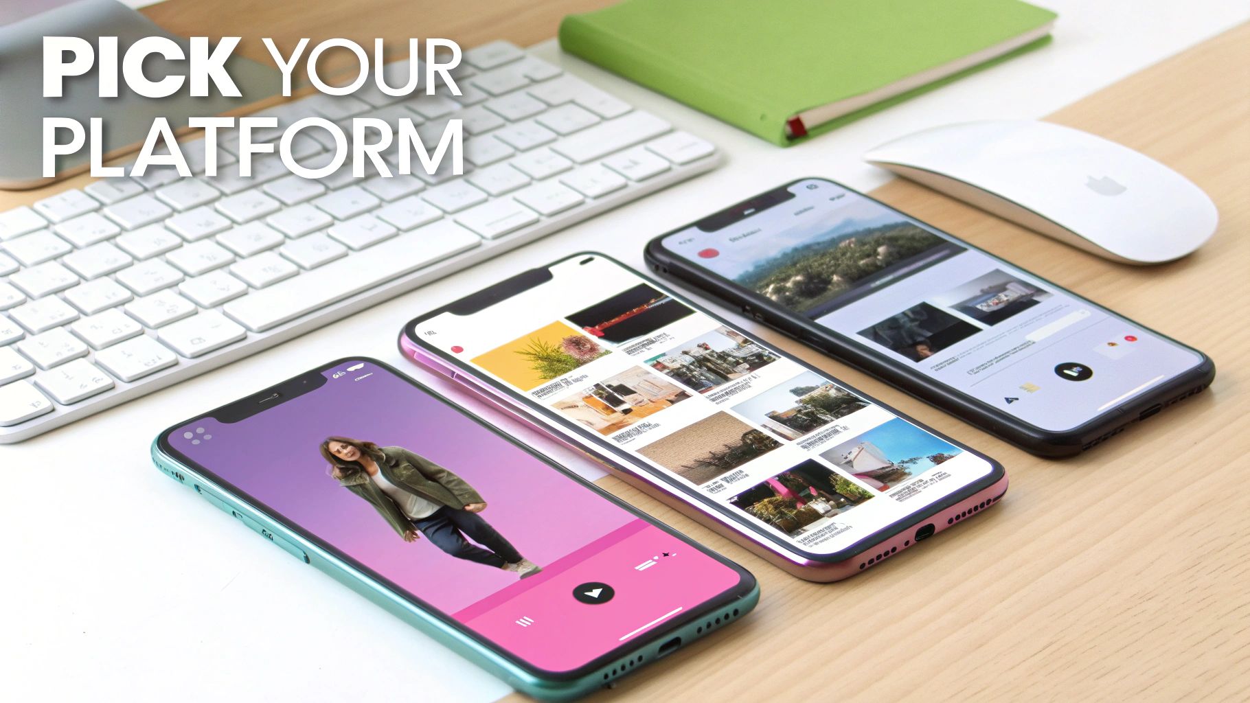 Desk with three colorful smartphones, a keyboard, and a mouse, featuring "PICK YOUR PLATFORM" text.