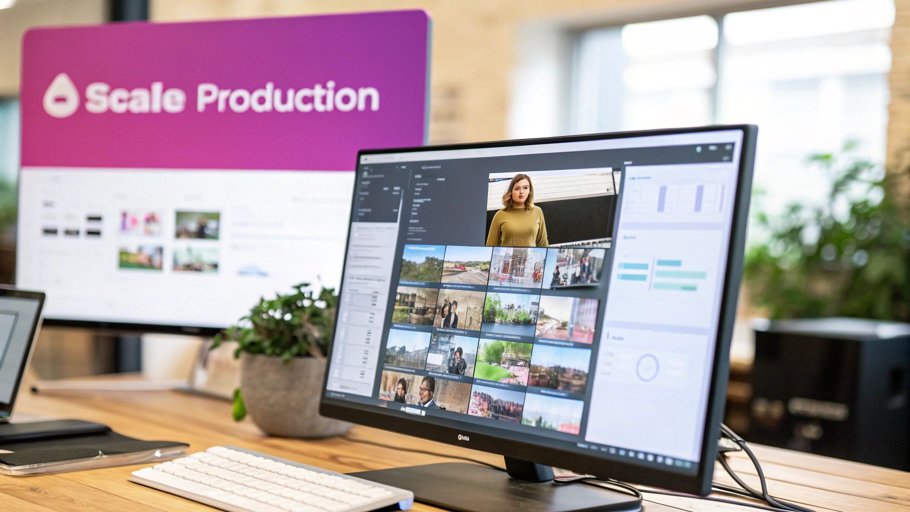 A professional video editing workspace with a monitor displaying video content, a keyboard, and a large 'Scale Production' screen in the background.