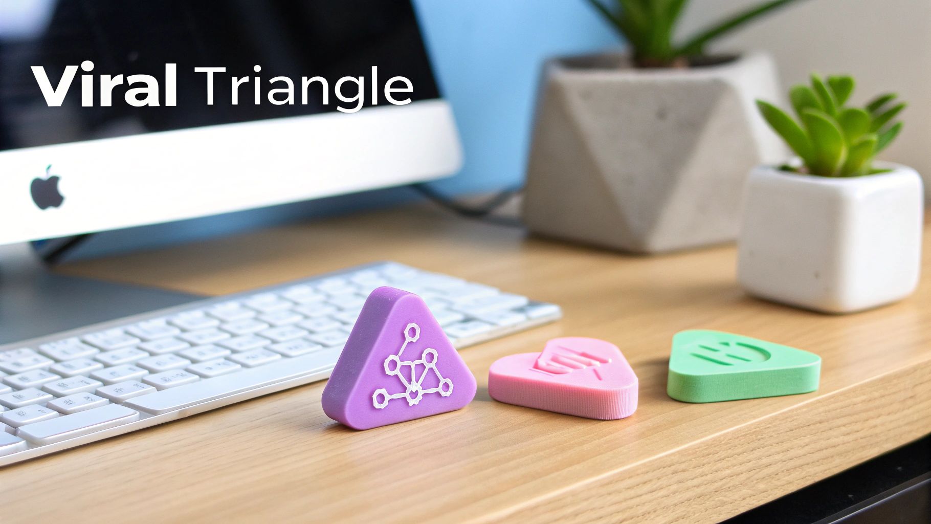 A desk with an iMac, keyboard, and three colorful triangular objects with network, hand, and smile icons.