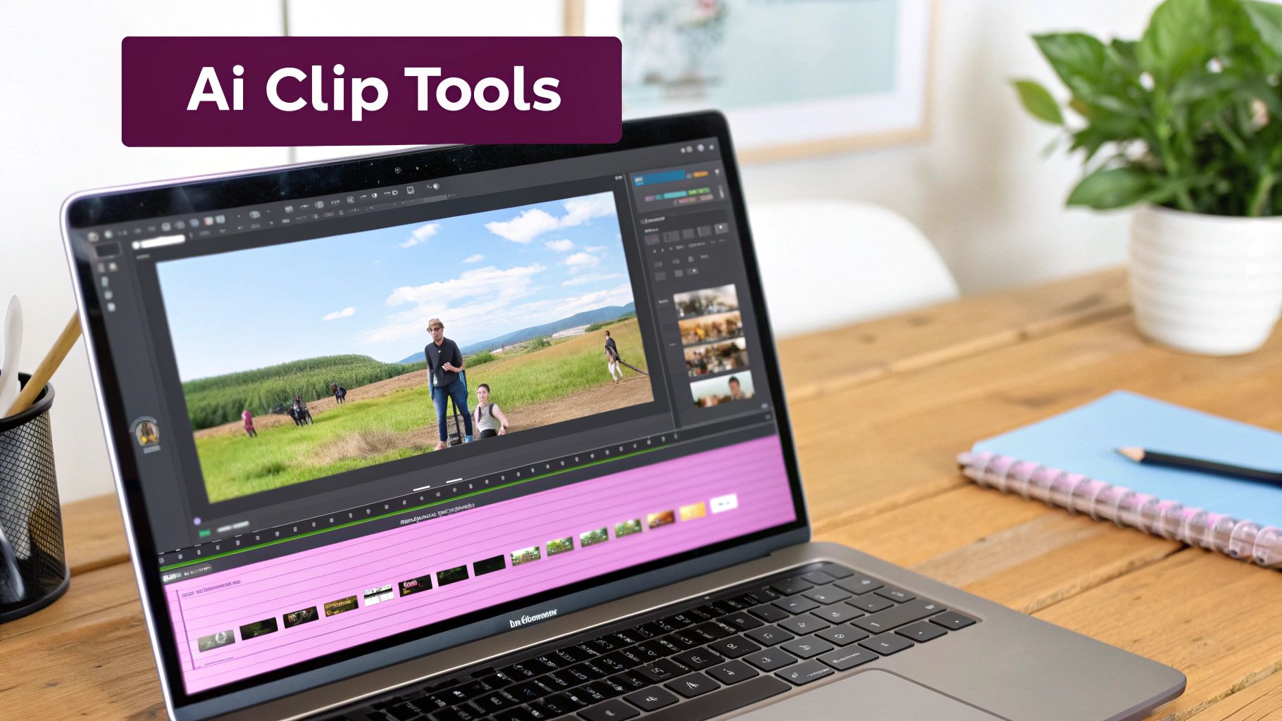 A laptop displaying video editing software with a clip of people in a field, featuring 'Ai Clip Tools' text.